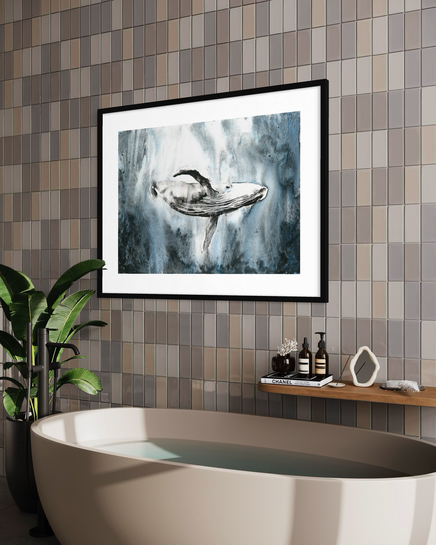 Whale swimming in ocean. Watercolor painting whale in ocean blue gray nautical artwork whale decor fine art (original) (Copy)