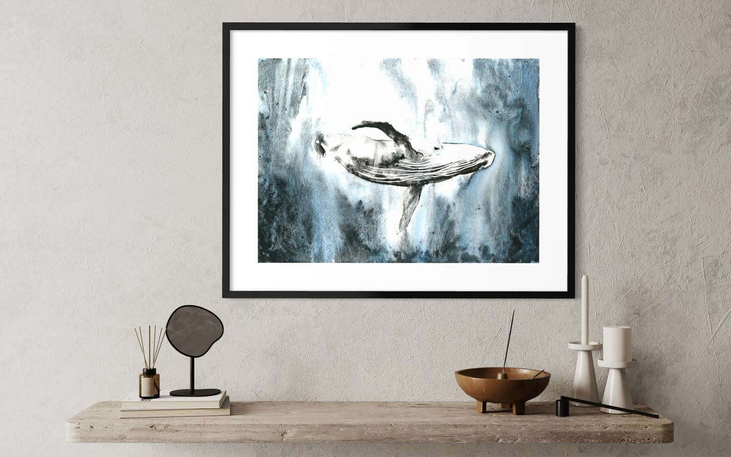 Whale swimming in ocean. Watercolor painting whale in ocean blue gray nautical artwork whale decor fine art (original) (Copy)