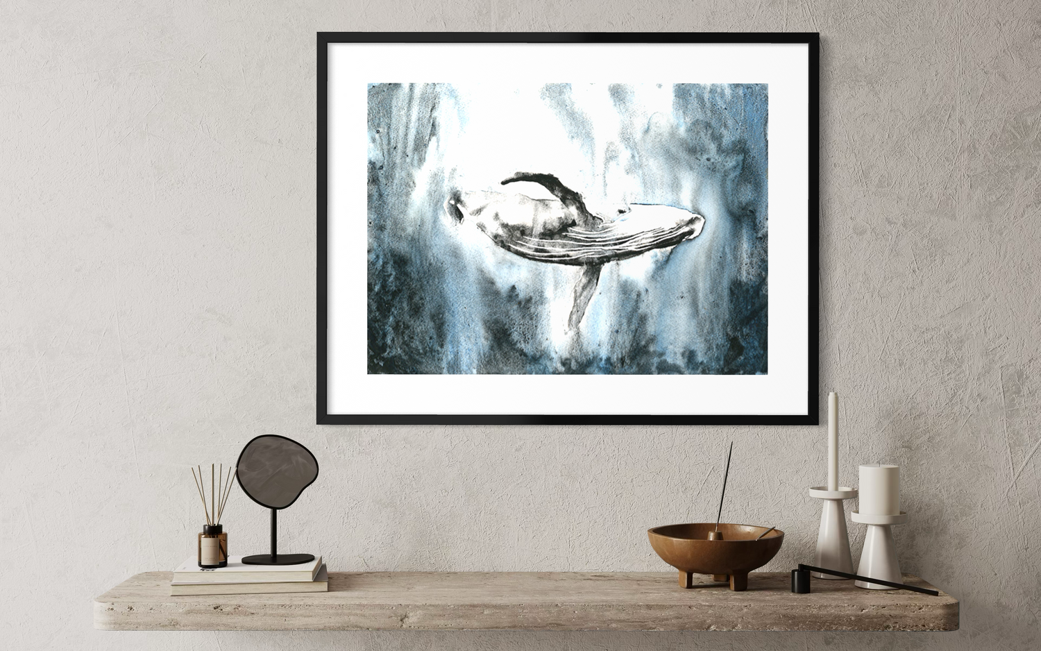 Whale swimming in ocean. Watercolor painting whale in ocean blue gray nautical artwork whale decor fine art (original) (Copy)