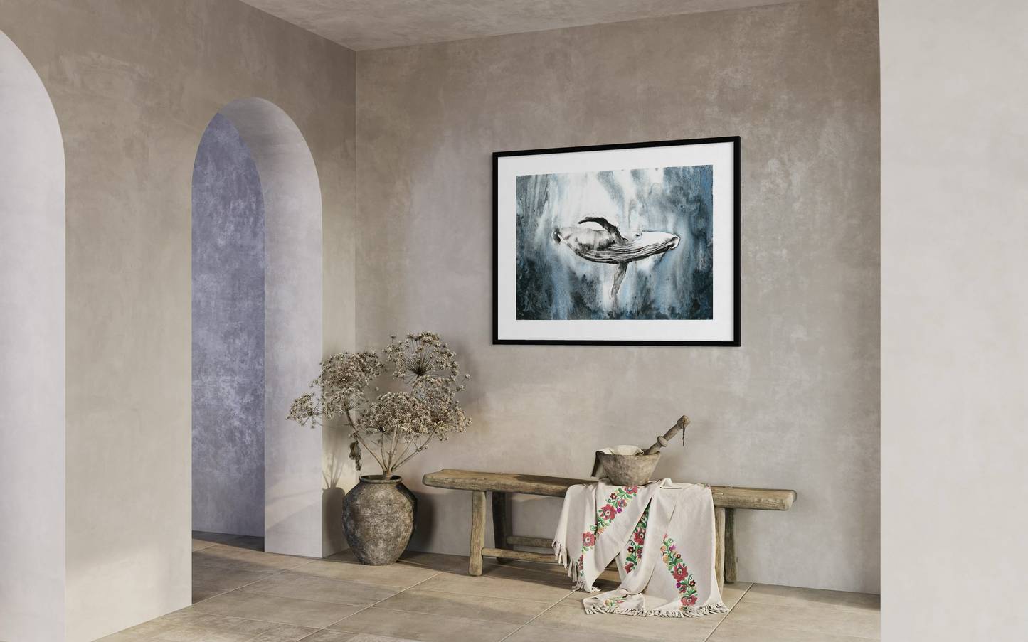 Whale swimming in ocean. Watercolor painting whale in ocean blue gray nautical artwork whale decor fine art (original) (Copy)