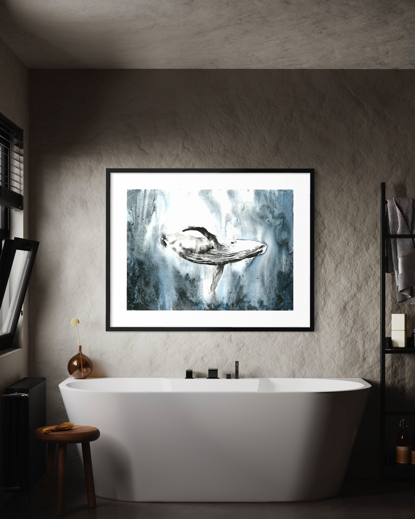 Whale swimming in ocean. Watercolor painting whale in ocean blue gray nautical artwork whale decor fine art (original) (Copy)