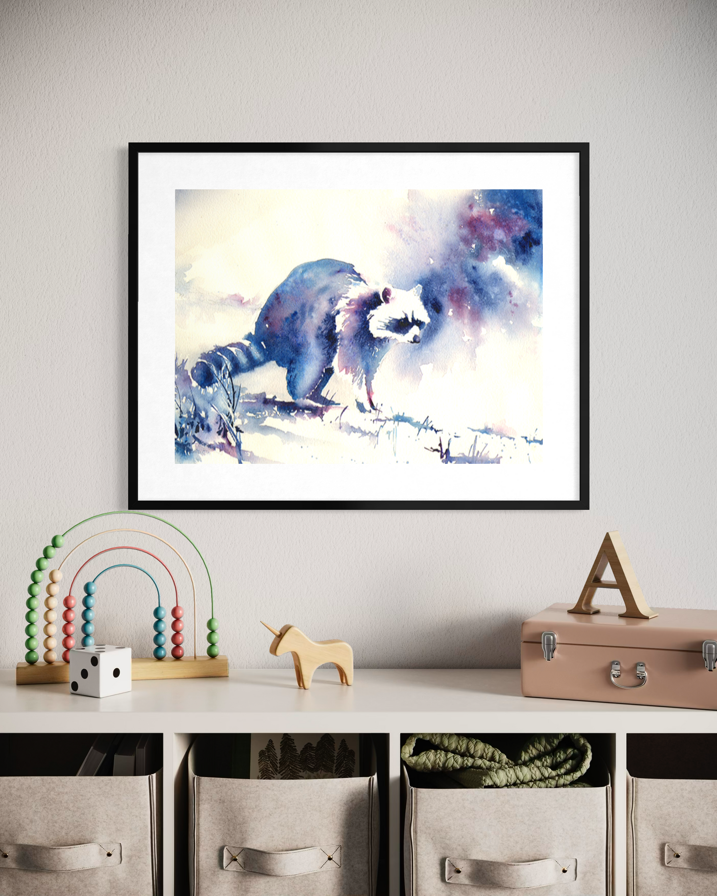 Raccoon colorful watercolor painting fine art kids room decor handmade item wildlife North America animal trending now (original)