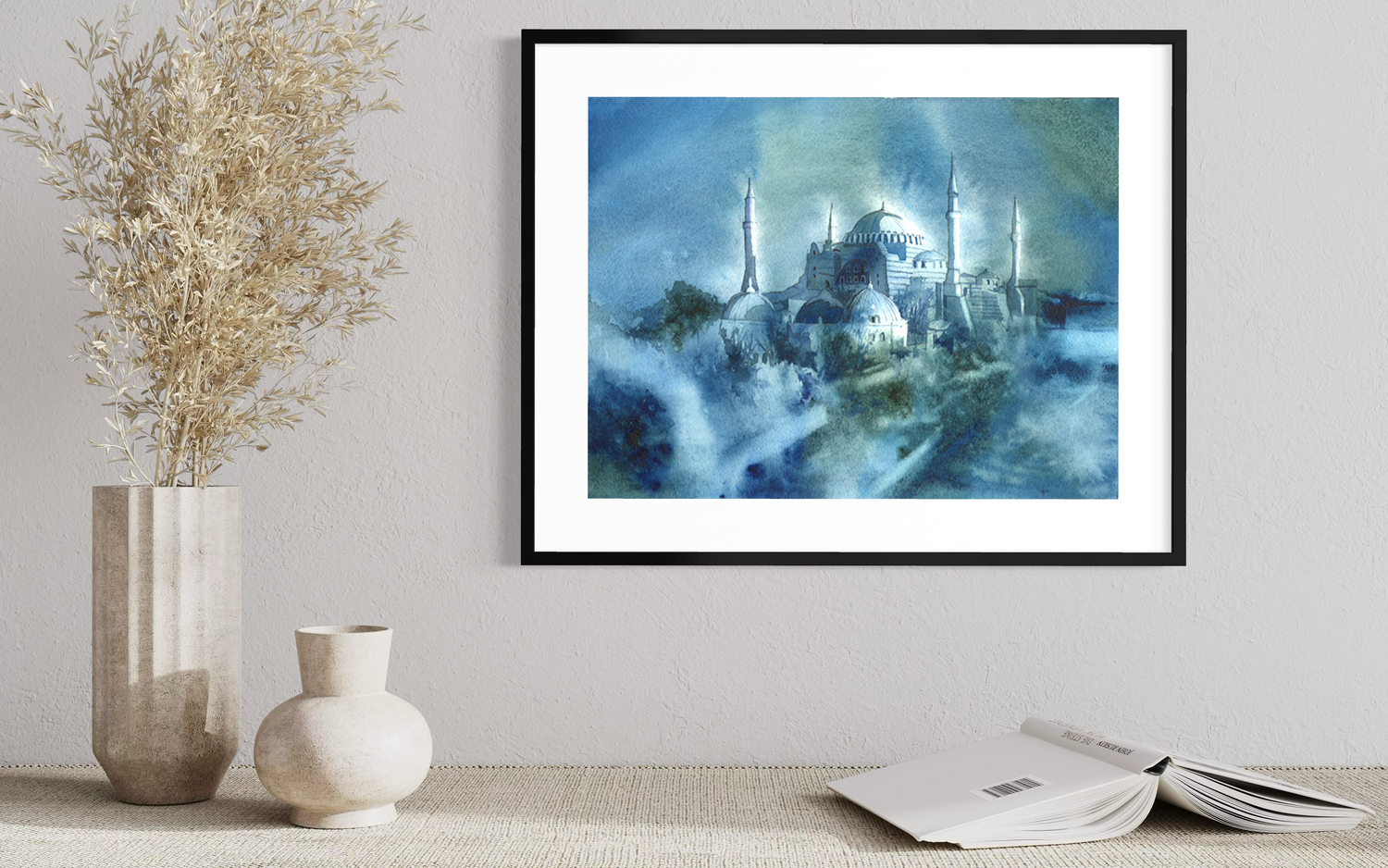 Hagai Sofia mosque church Istanbul Turkey skyline watercolor painting art for house handmade item travel decor colorful painting (original)