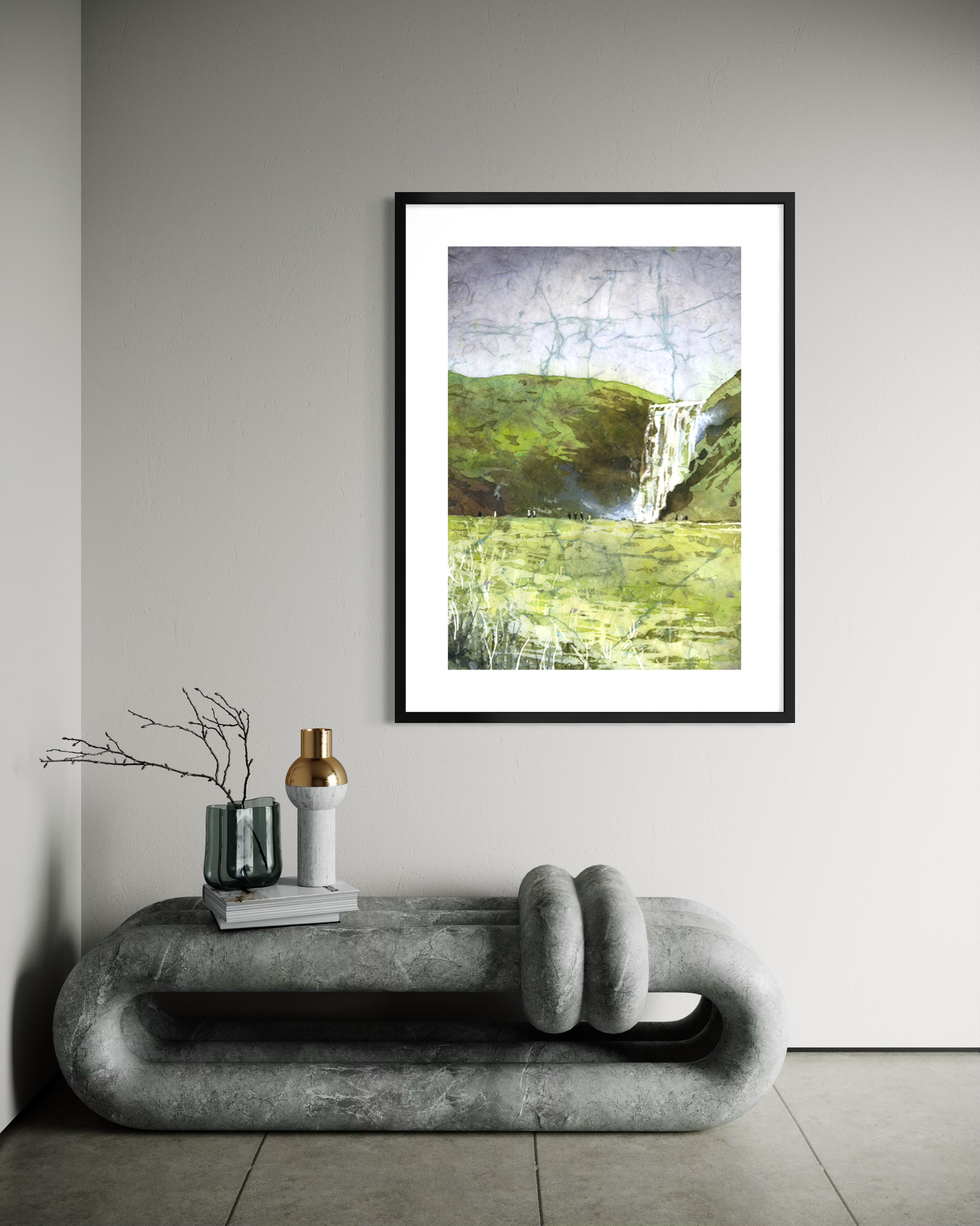 Skogafoss waterfall colorful watercolor batik Iceland landscape travel essentials art for house handmade item interior design (original)