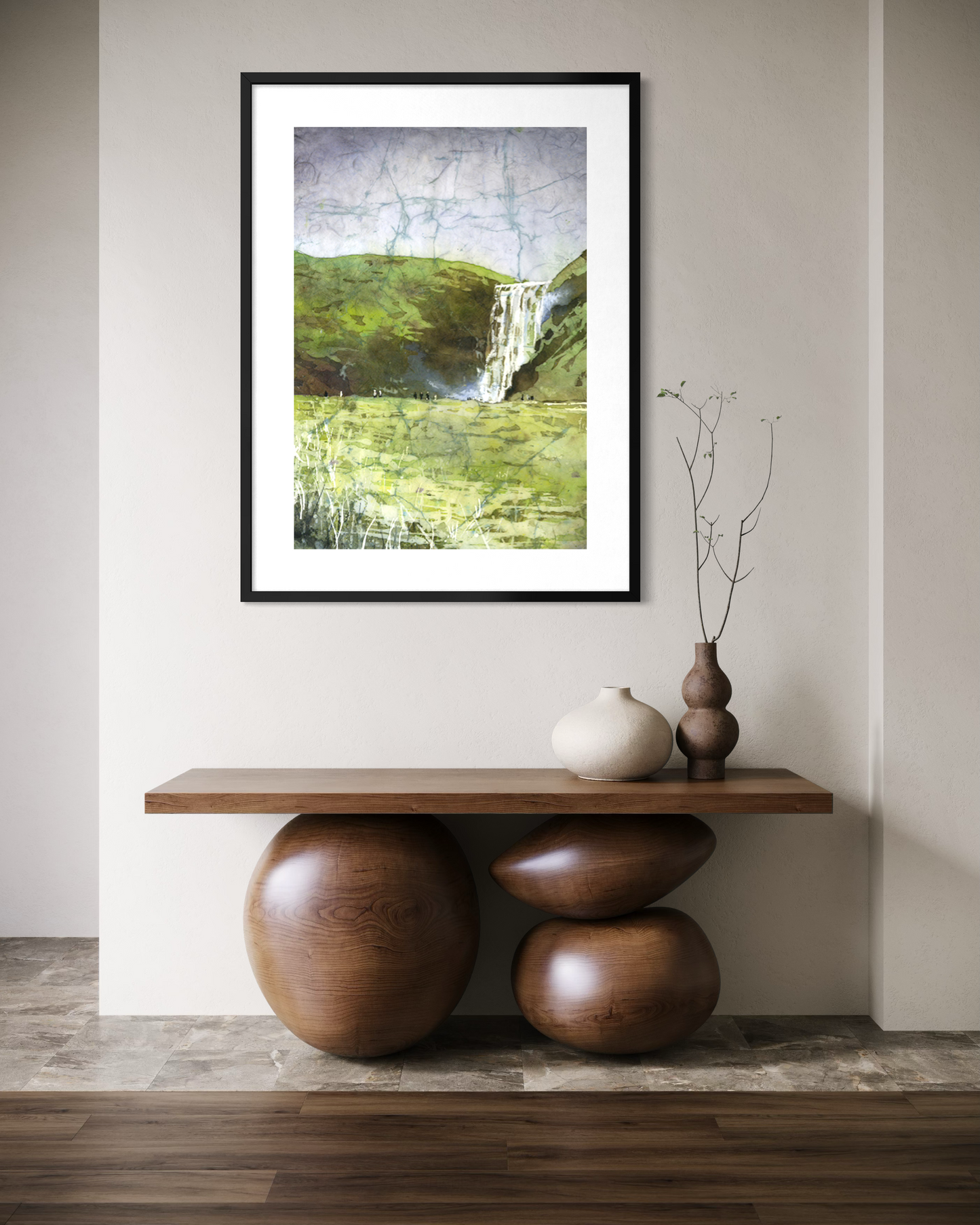 Skogafoss waterfall colorful watercolor batik Iceland landscape travel essentials art for house handmade item interior design (original)