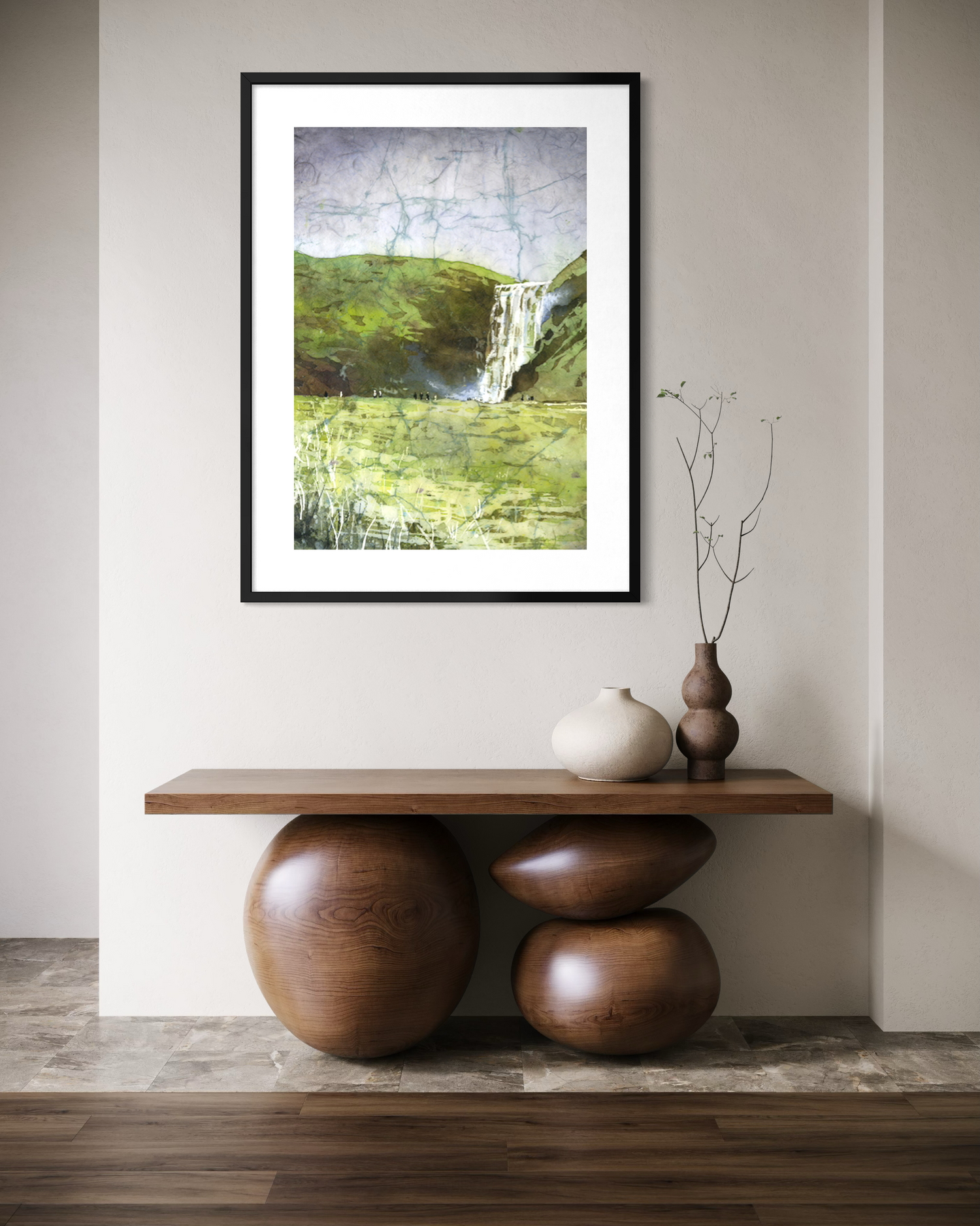 Skogafoss waterfall colorful watercolor batik Iceland landscape travel essentials art for house handmade item interior design (original)