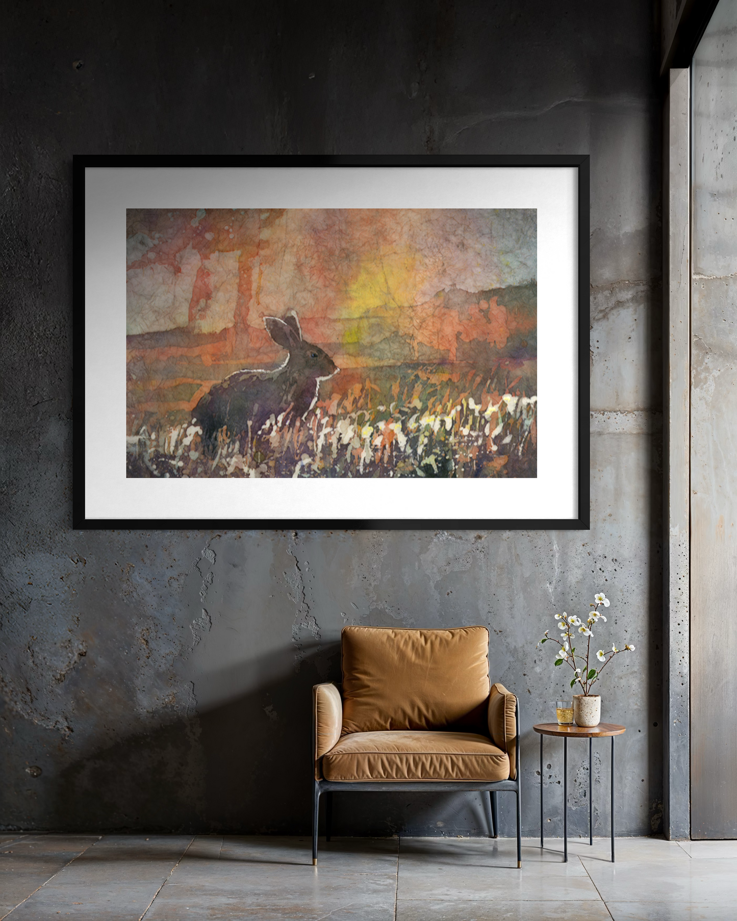 Bunny rabbit colorful watercolor batik painting kids room decor art for house handmade item interior design (original)