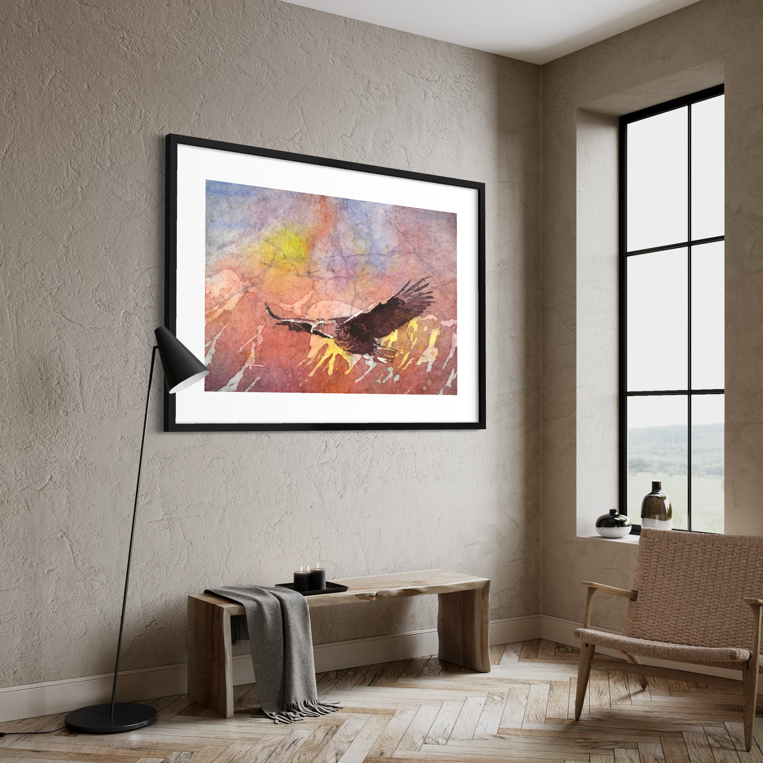 Watercolor batik painting bald eagle in flight colorful landscape painting art for house handmade item unframed artwork (original)