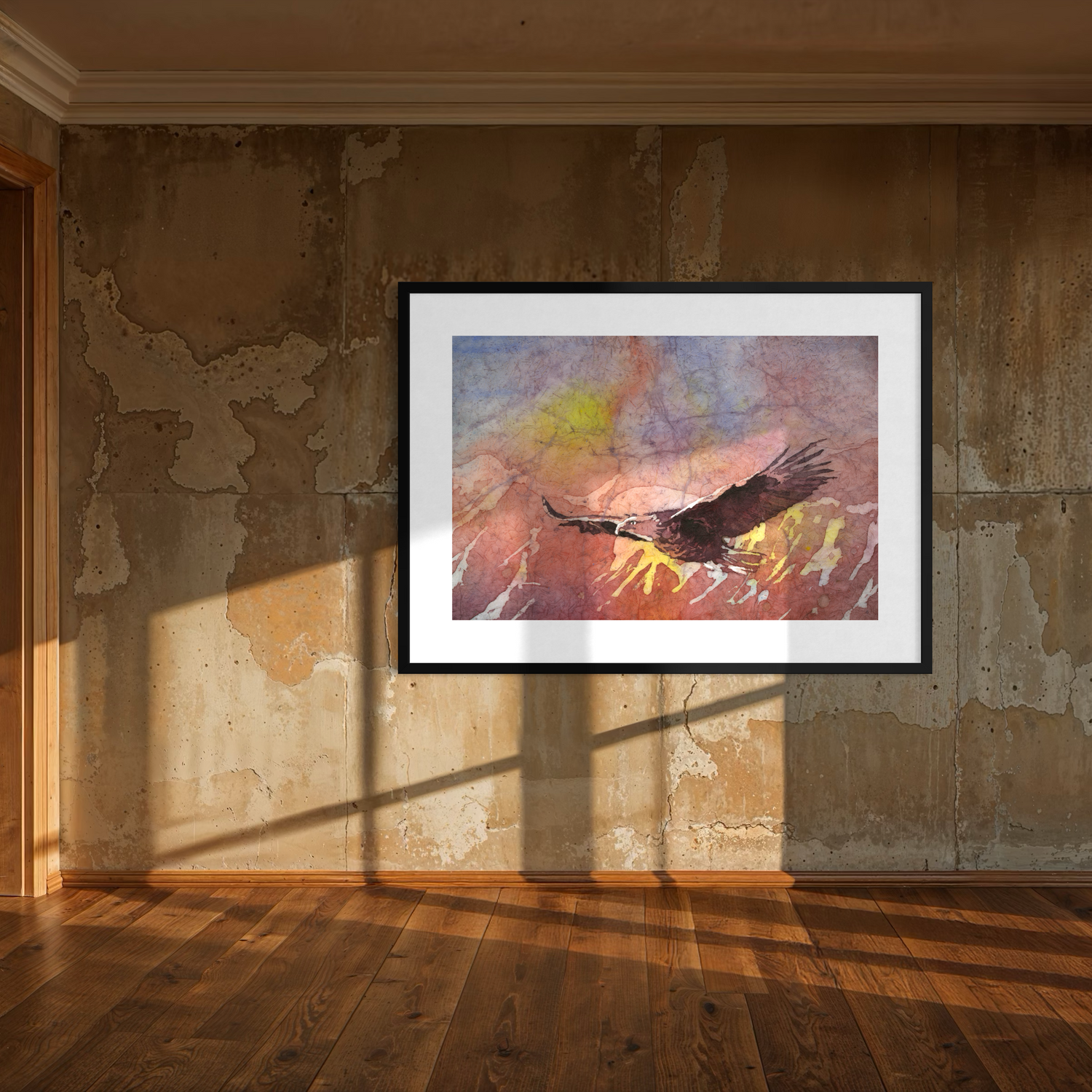 Watercolor batik painting bald eagle in flight colorful landscape painting art for house handmade item unframed artwork (original)