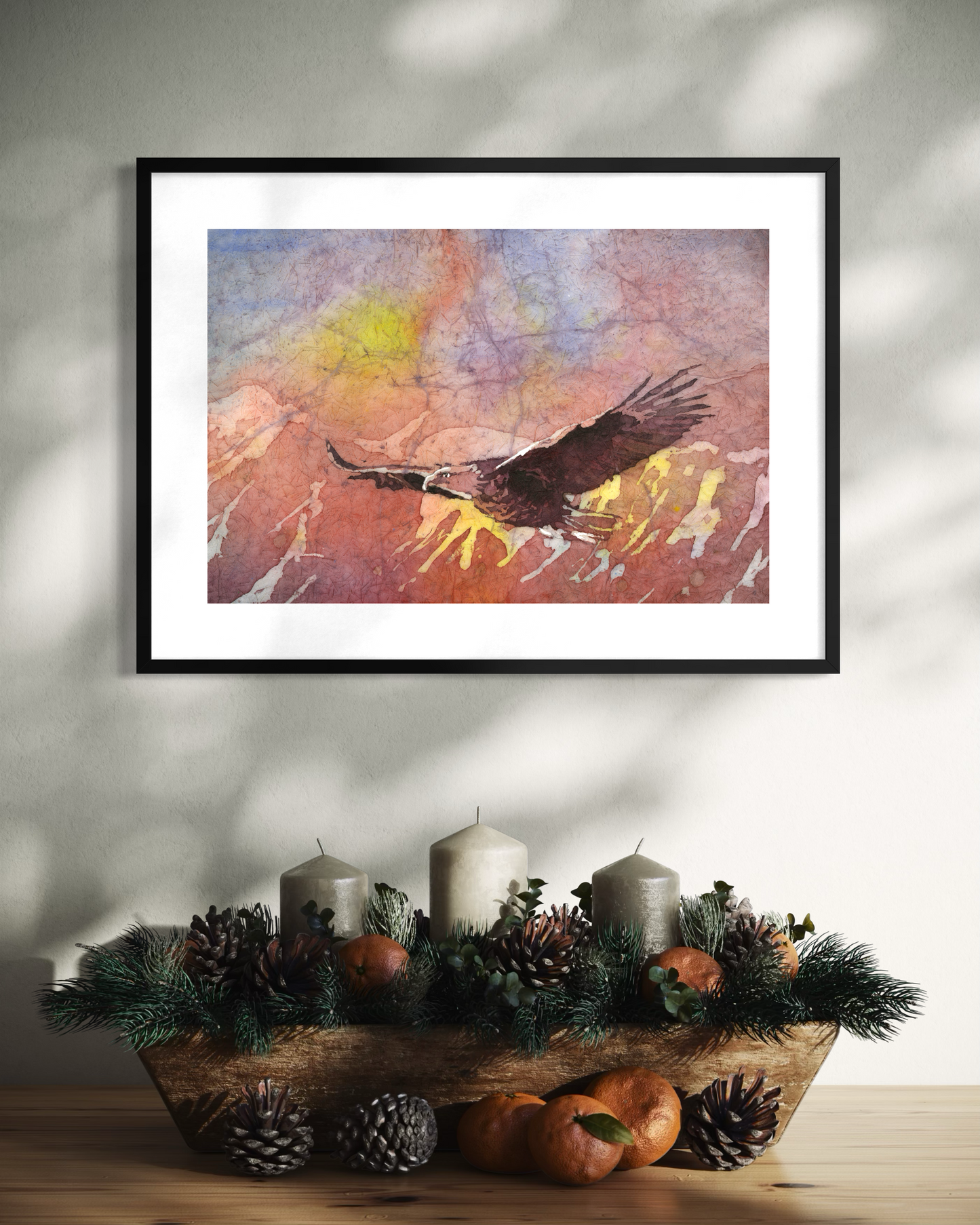 Watercolor batik painting bald eagle in flight colorful landscape painting art for house handmade item unframed artwork (original)