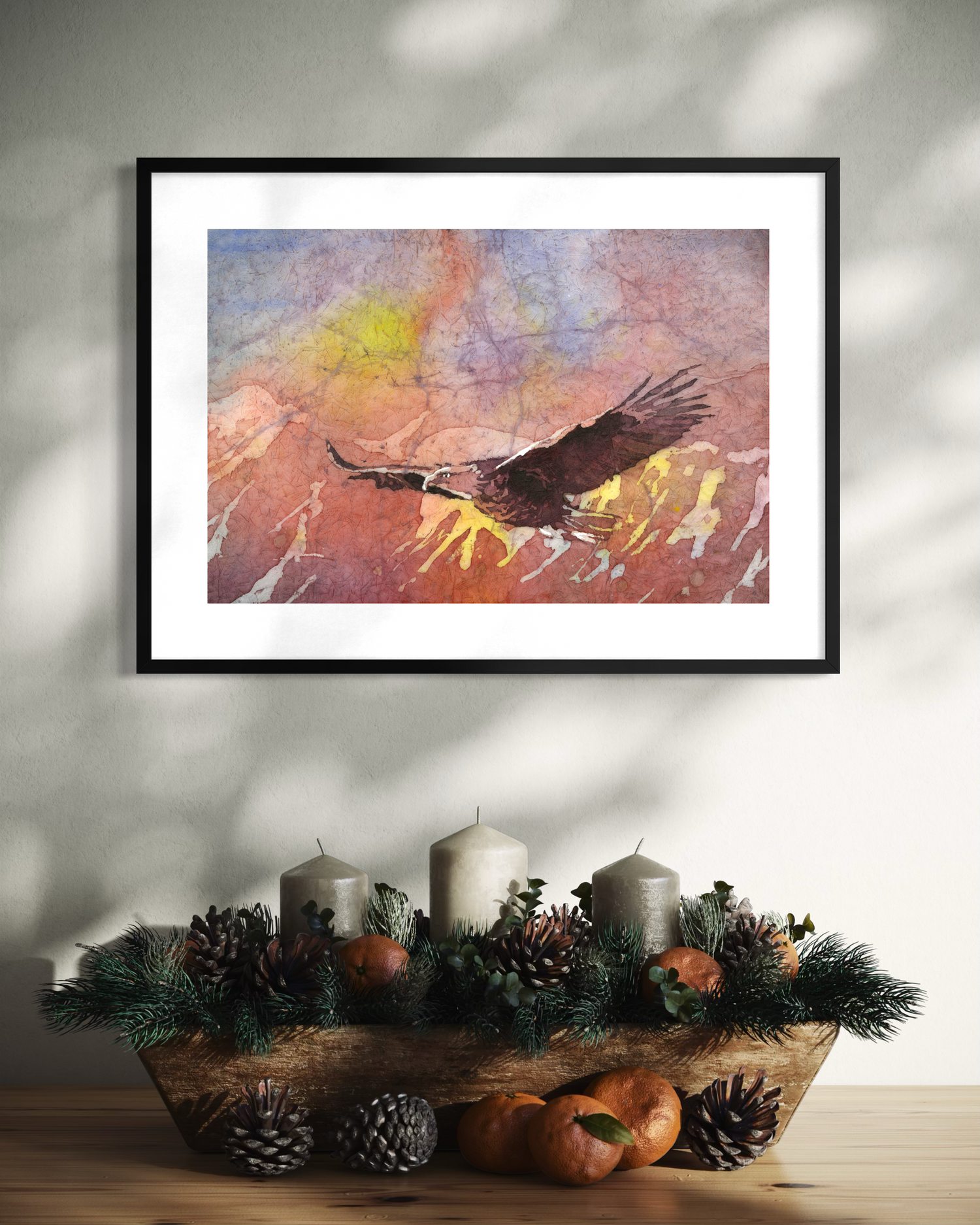Watercolor batik painting bald eagle in flight colorful landscape painting art for house handmade item unframed artwork (original)
