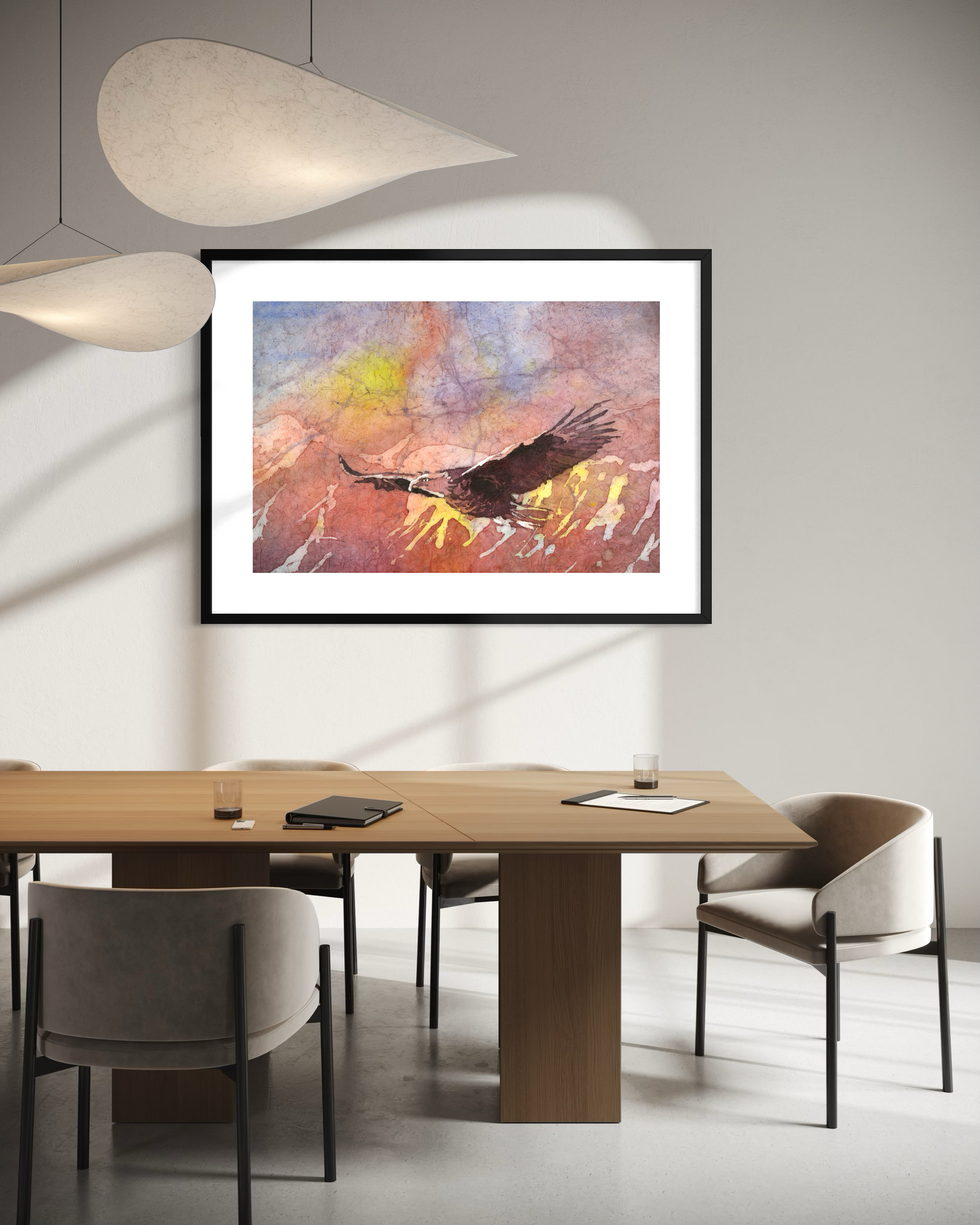 Watercolor batik painting bald eagle in flight colorful landscape painting art for house handmade item unframed artwork (original)