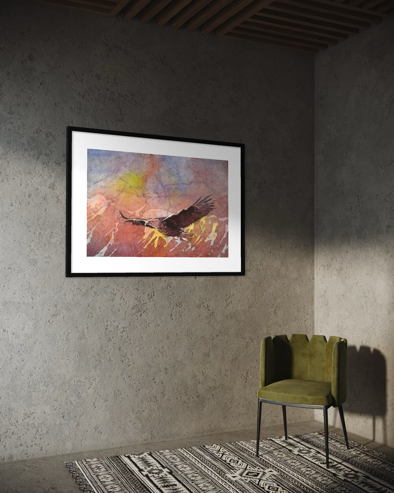 Watercolor batik painting bald eagle in flight colorful landscape painting art for house handmade item unframed artwork (original)