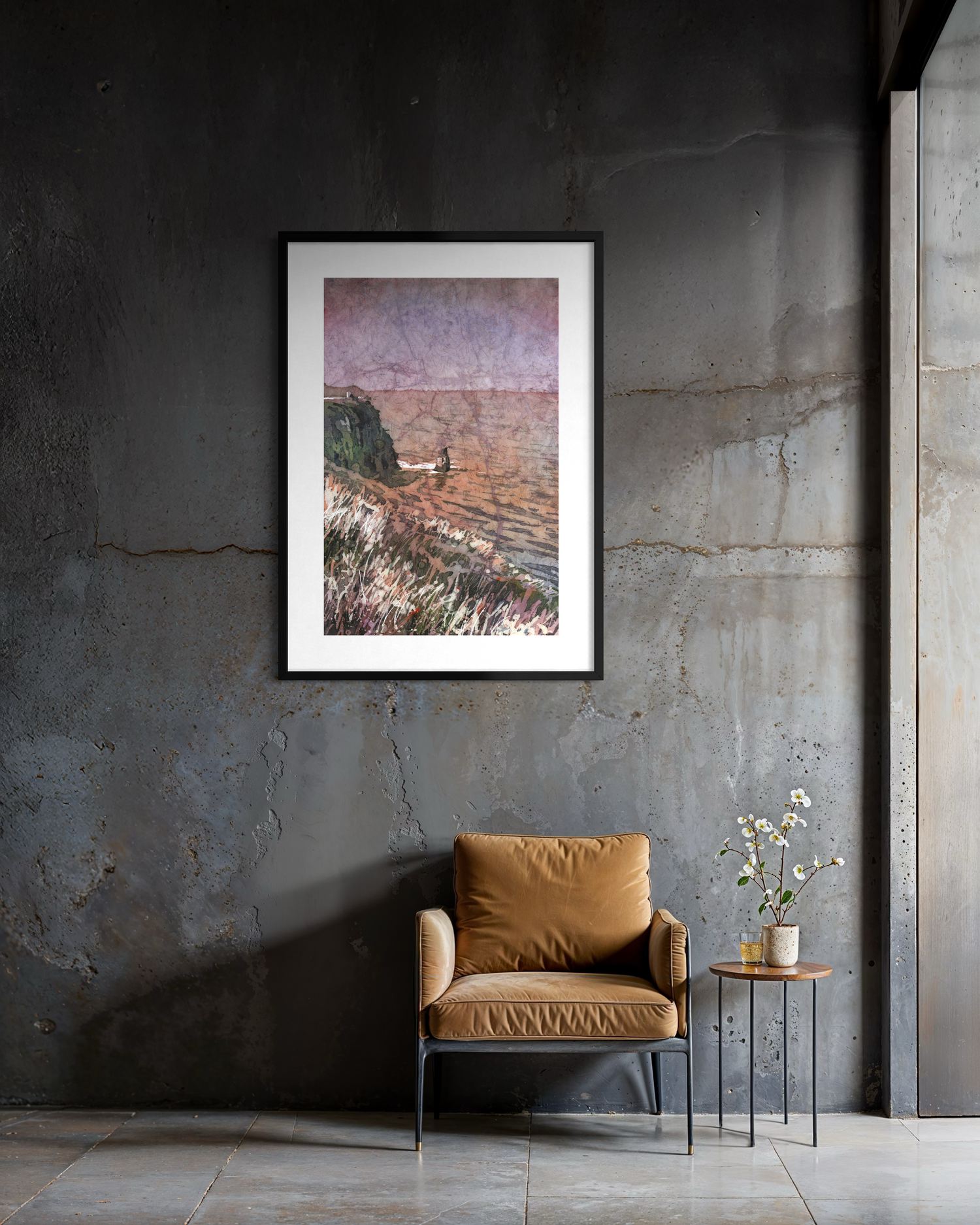 Watercolor batik painting Cliffs of Moher Ireland Irish landscape home decor travel artwork handmade item coastal art (original)