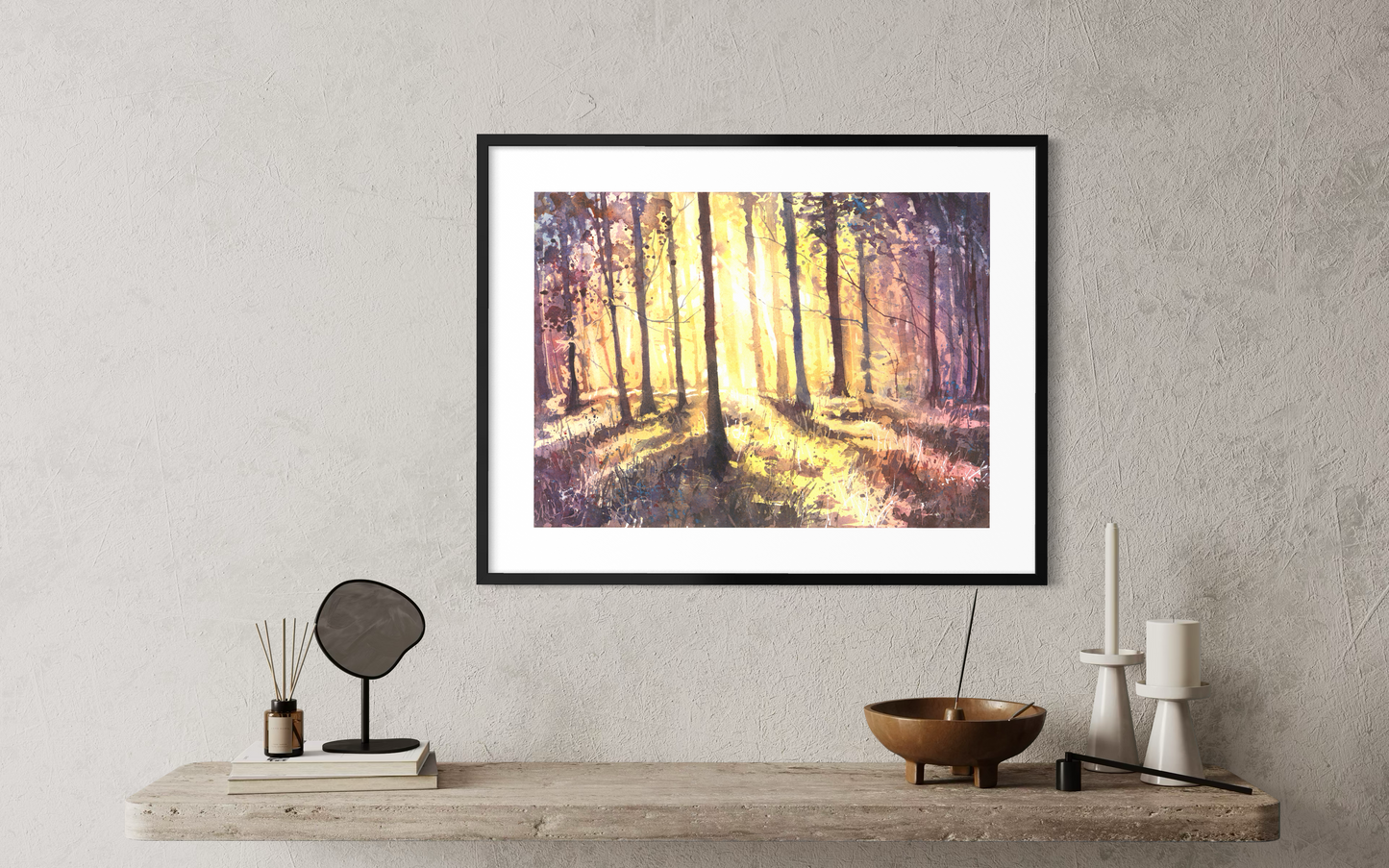 Colorful forest at sunset watercolor landscape painting suns rays sunset artwork art for house handmade item trees decor (original)