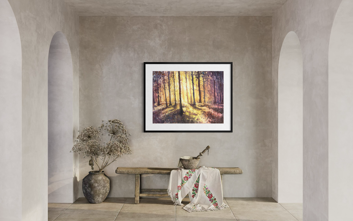 Colorful forest at sunset watercolor landscape painting suns rays sunset artwork art for house handmade item trees decor (original)