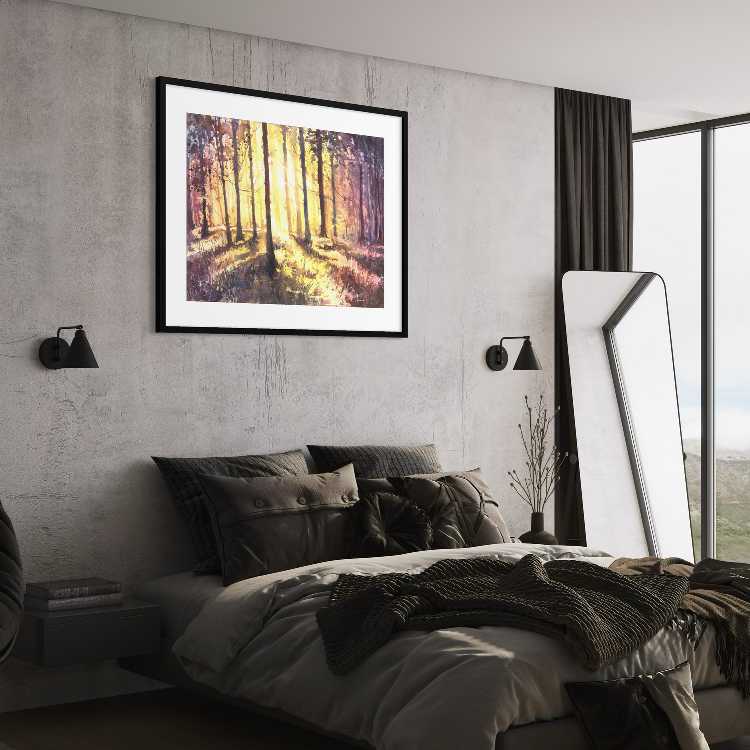 Colorful forest at sunset watercolor landscape painting suns rays sunset artwork art for house handmade item trees decor (original)