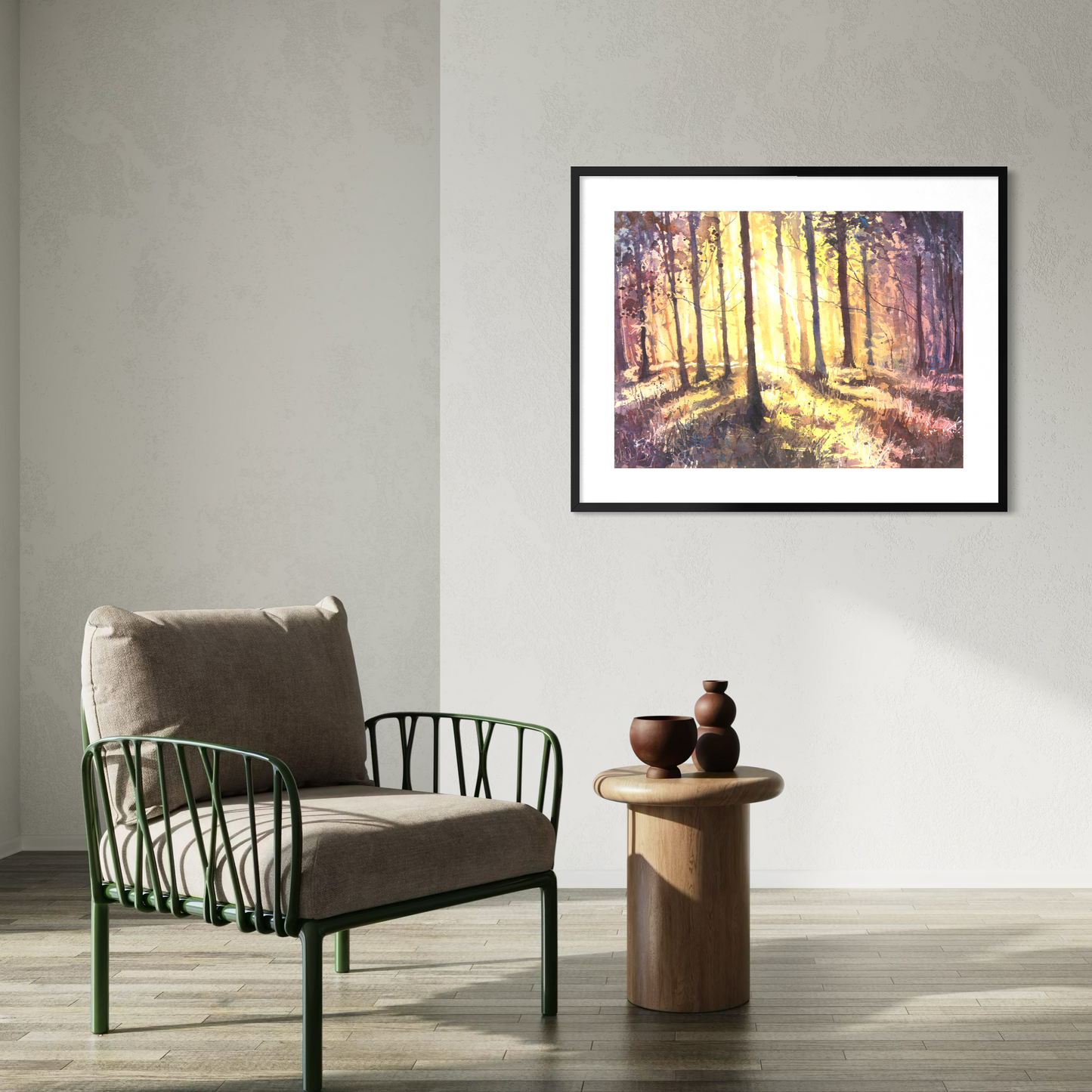 Colorful forest at sunset watercolor landscape painting suns rays sunset artwork art for house handmade item trees decor (original)