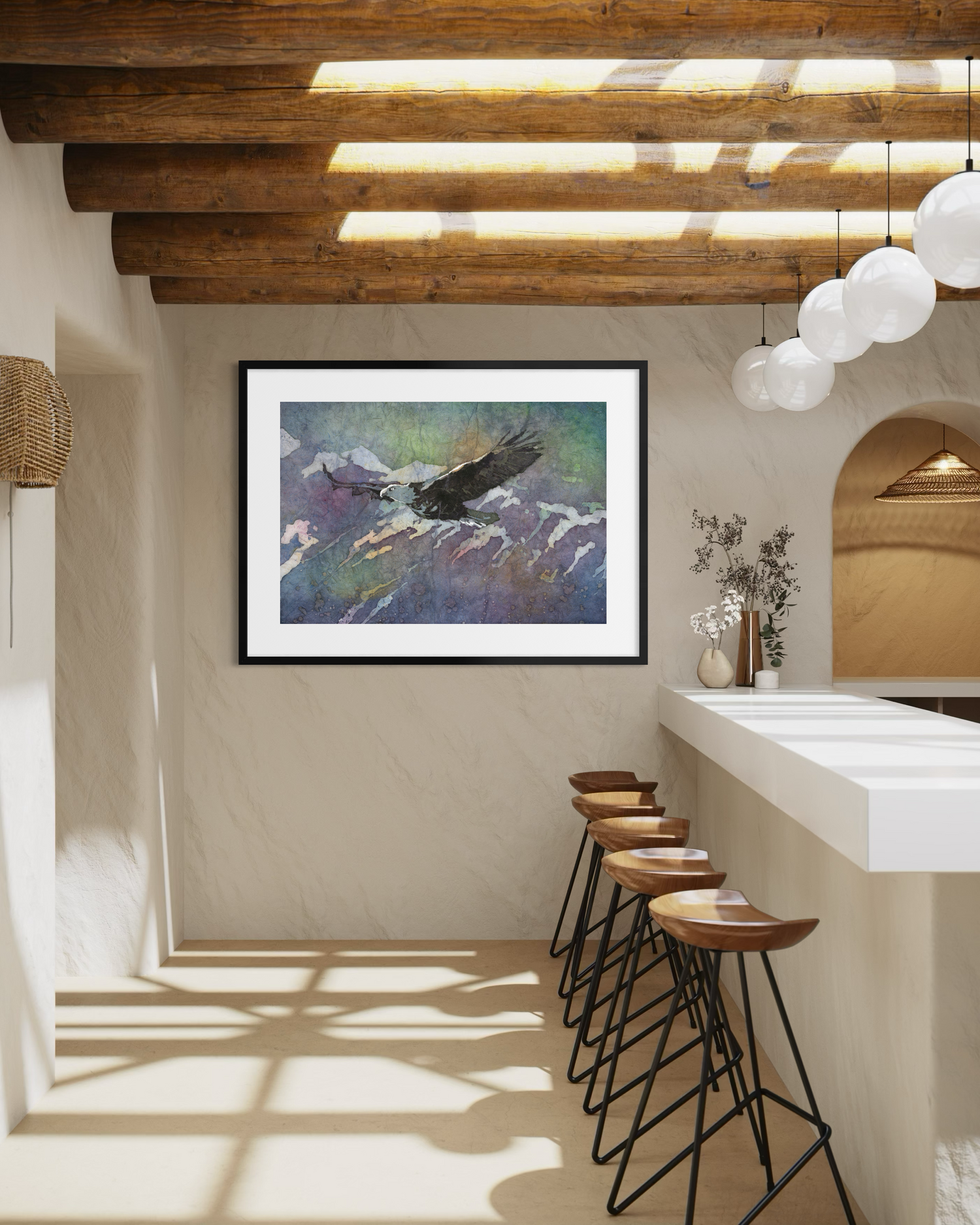 Bald eagle watercolor batik painting art for house handmade item unframed artwork (original)
