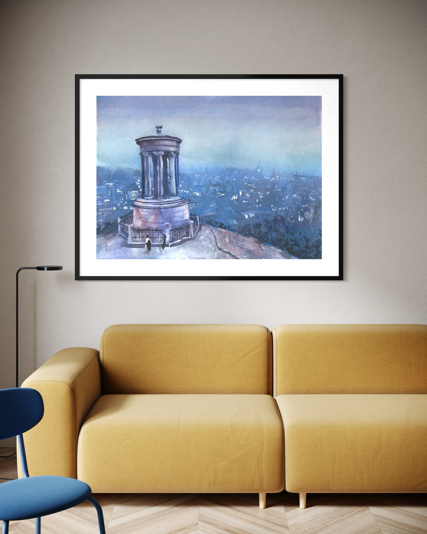 Edinburgh Scotland skyline Calton Hill panorama colorful sunset landscape watercolor art for house travel essentials European destinations cityscape (original)