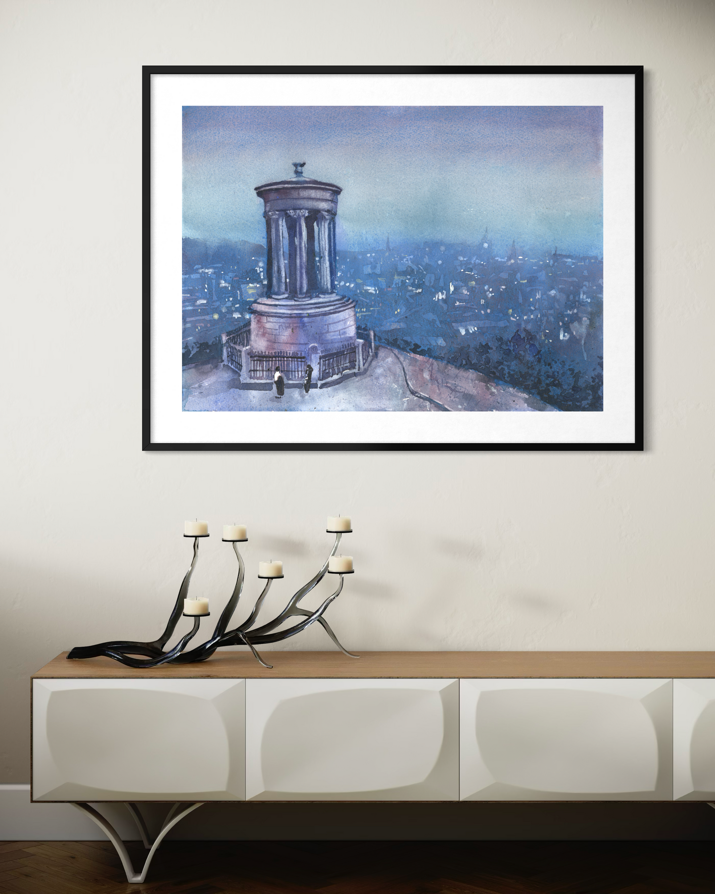 Edinburgh Scotland skyline Calton Hill panorama colorful sunset landscape watercolor art for house travel essentials European destinations cityscape (original)