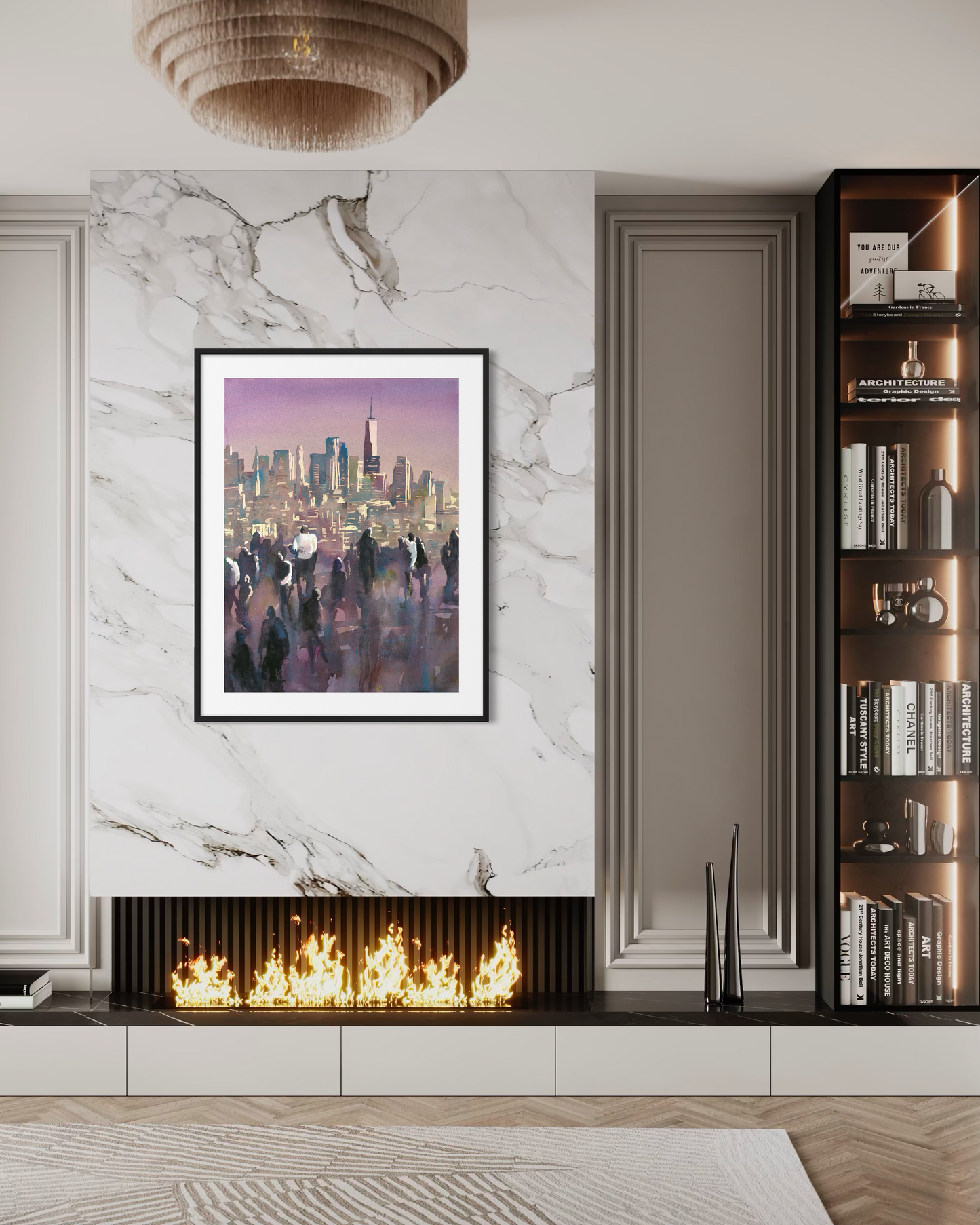 Manhattan skyline from the Edge viewing platform colorful cityscape NYC artwork handmade item architecture sunset decor (original)