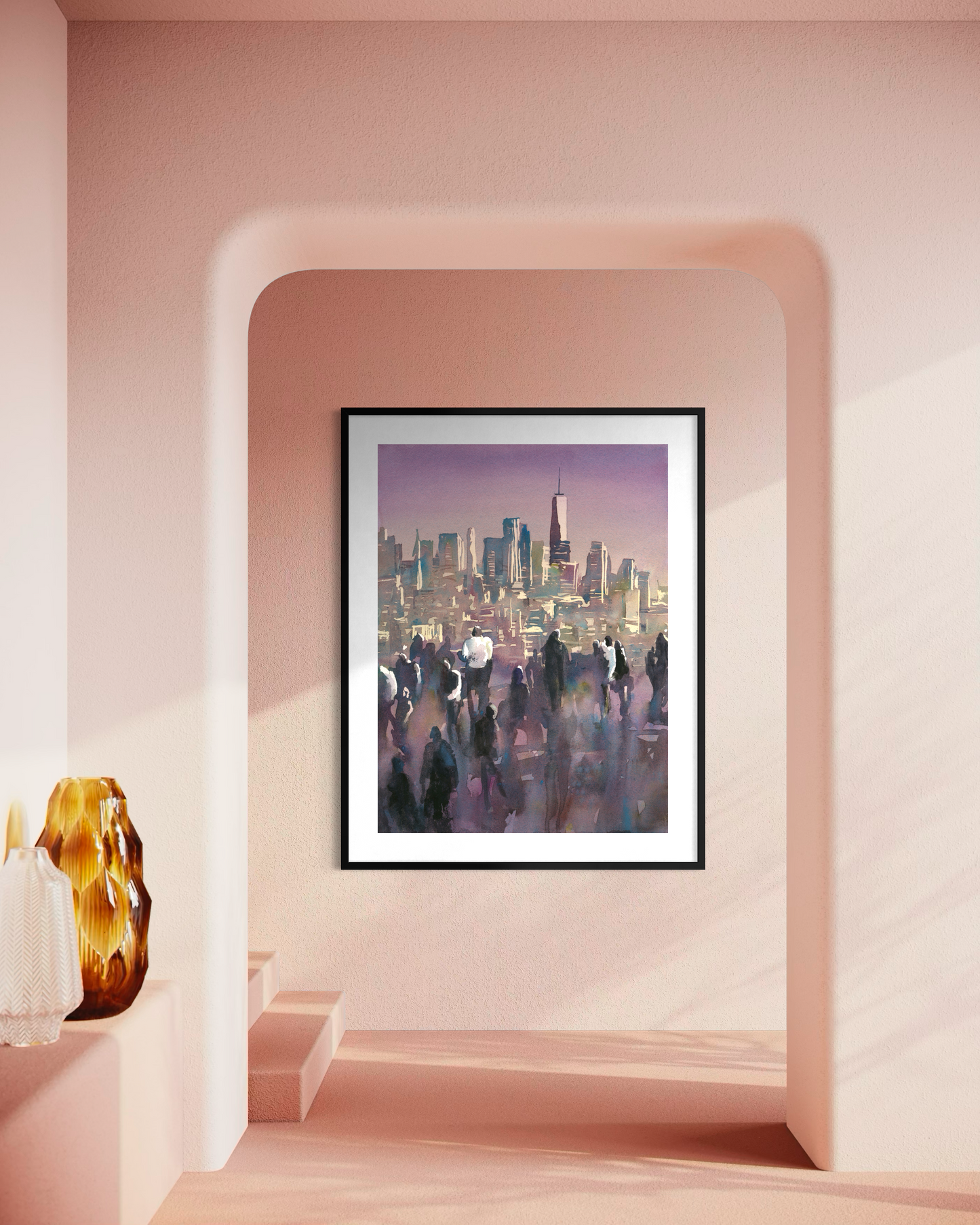 Manhattan skyline from the Edge viewing platform colorful cityscape NYC artwork handmade item architecture sunset decor (original)