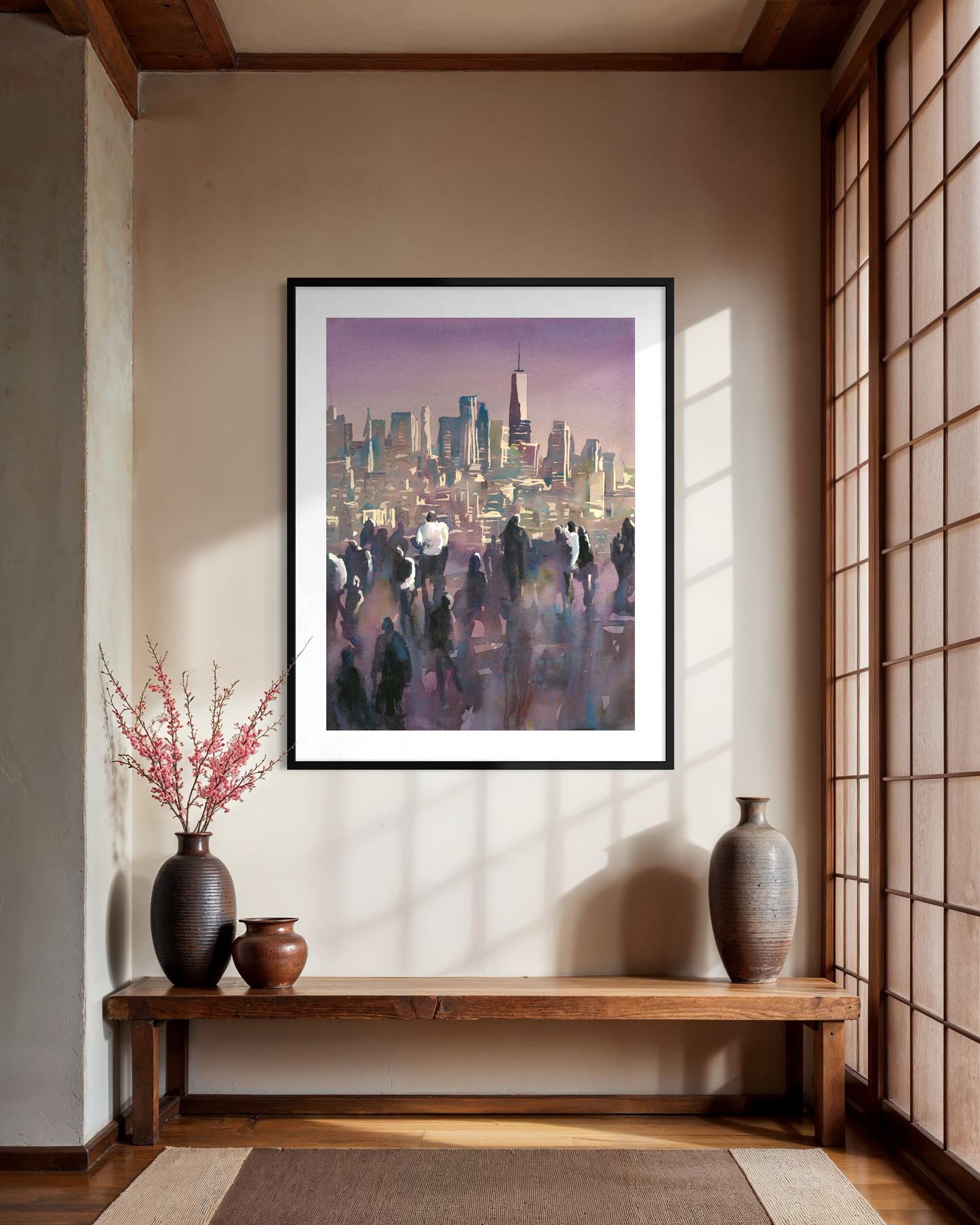 Manhattan skyline from the Edge viewing platform colorful cityscape NYC artwork handmade item architecture sunset decor (original)