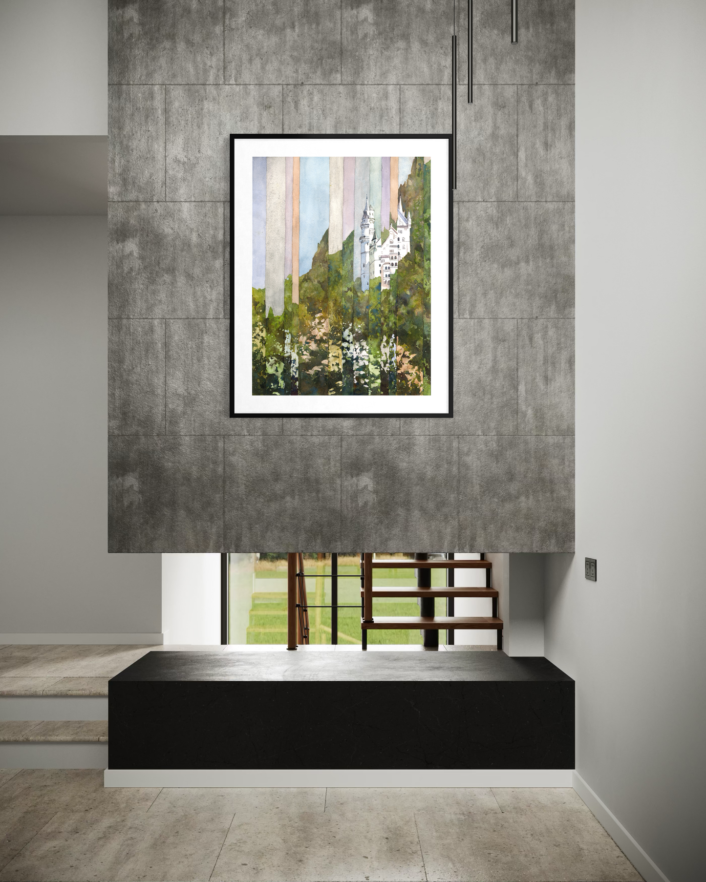Neuschwanstein Castle Bavaria Germany experimental watercolor landscape art for house colorful German decor artwork for travelers (original)