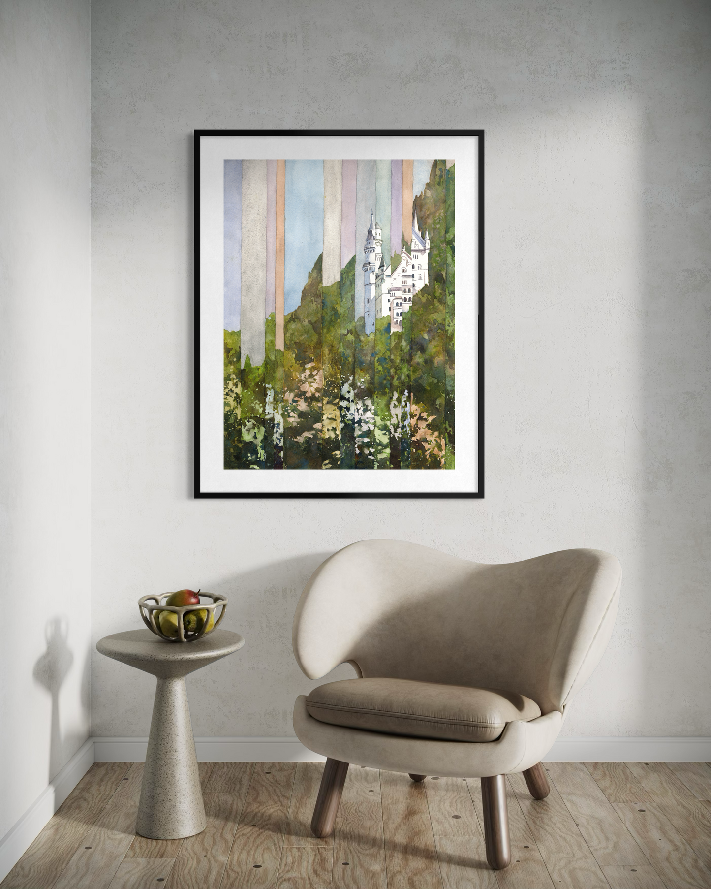 Neuschwanstein Castle Bavaria Germany experimental watercolor landscape art for house colorful German decor artwork for travelers (original)