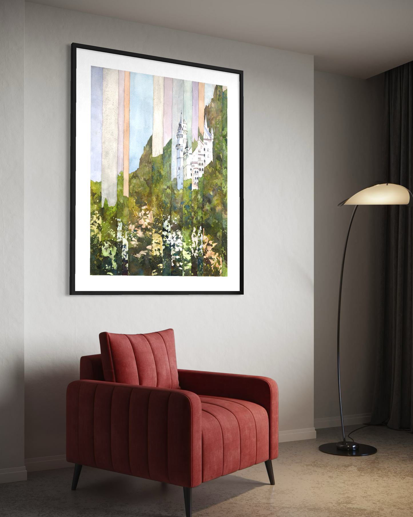 Neuschwanstein Castle Bavaria Germany experimental watercolor landscape art for house colorful German decor artwork for travelers (original)