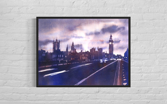 Big Ben & Parliament sunset London- England watercolor painting of Big Ben at sunset, home decor London, Big Ben artwork (original)