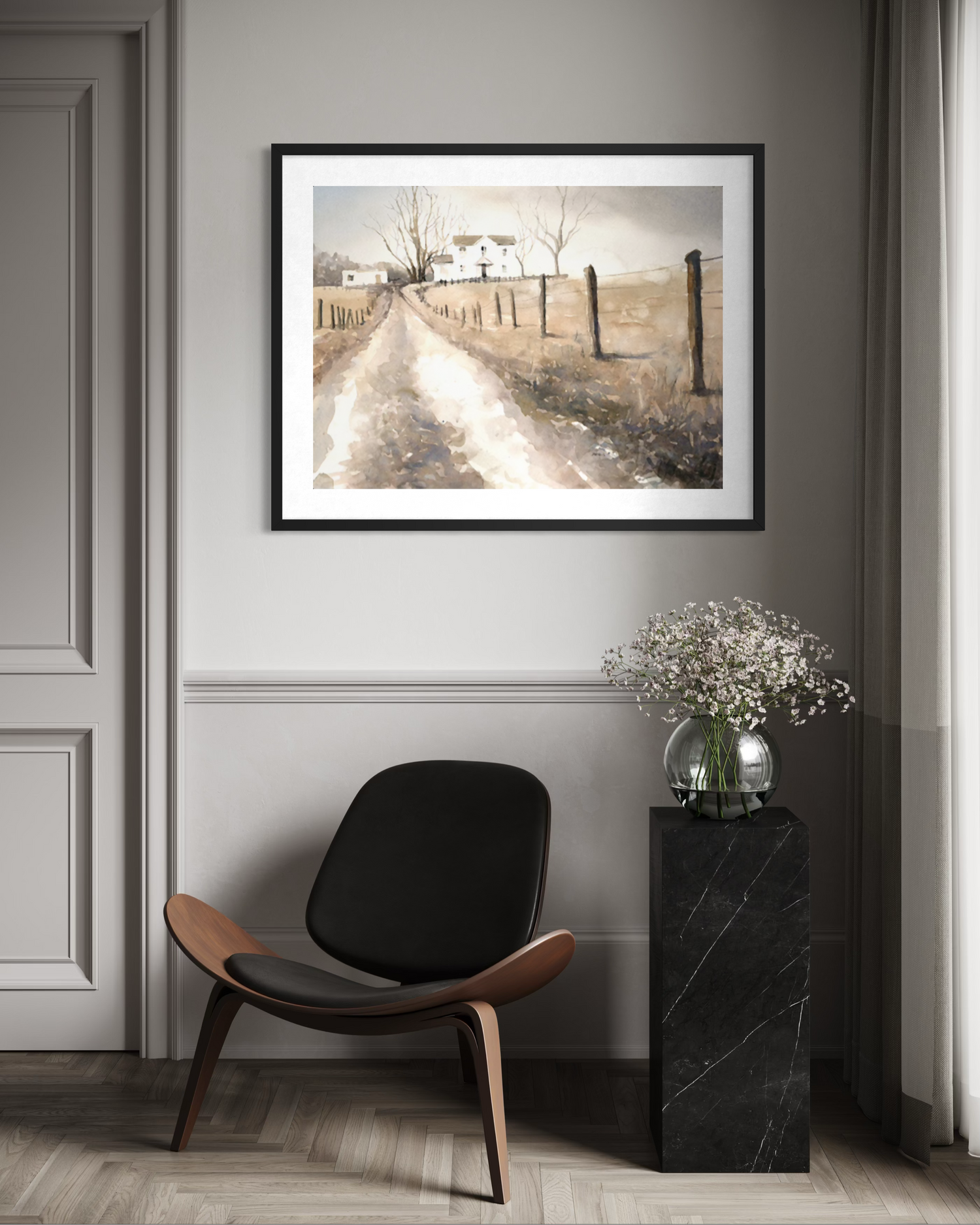Rustic farmhouse rural scene watercolor landscape painting outdoors (original)