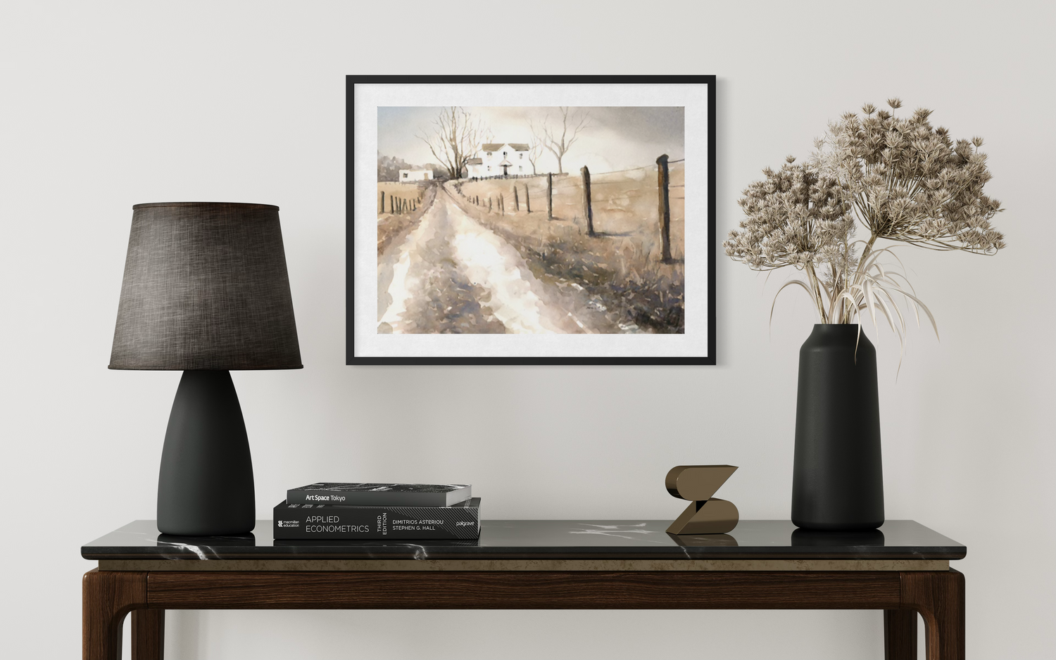 Rustic farmhouse rural scene watercolor landscape painting outdoors (original)