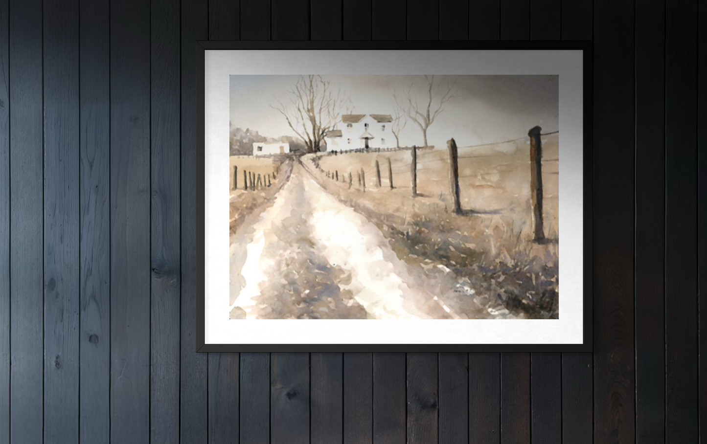Rustic farmhouse rural scene watercolor landscape painting outdoors (original)