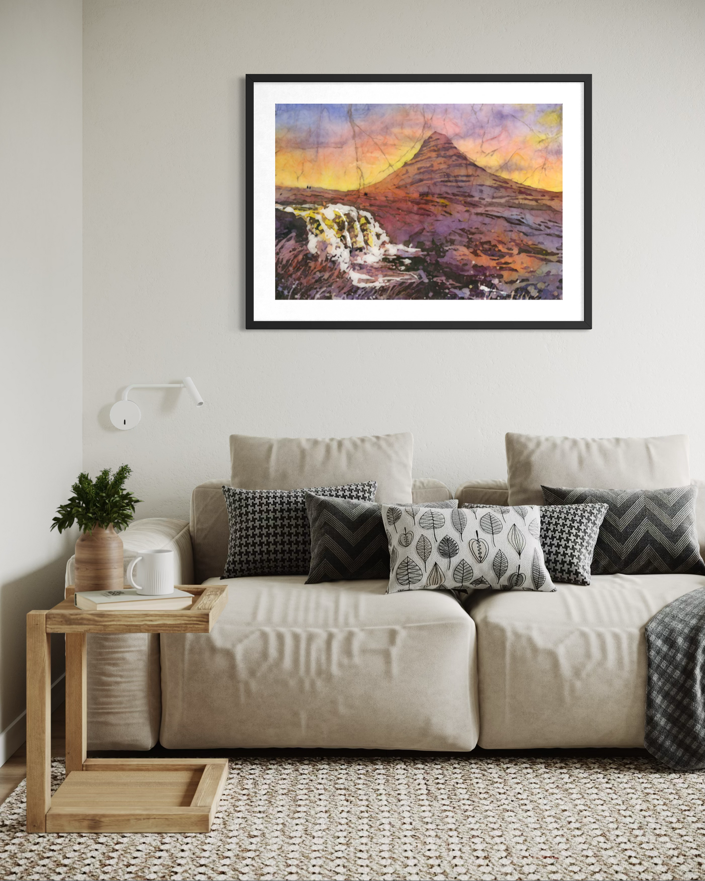 Kirkjufell Mountain waterfall Iceland watercolor batik landscape painting (original)