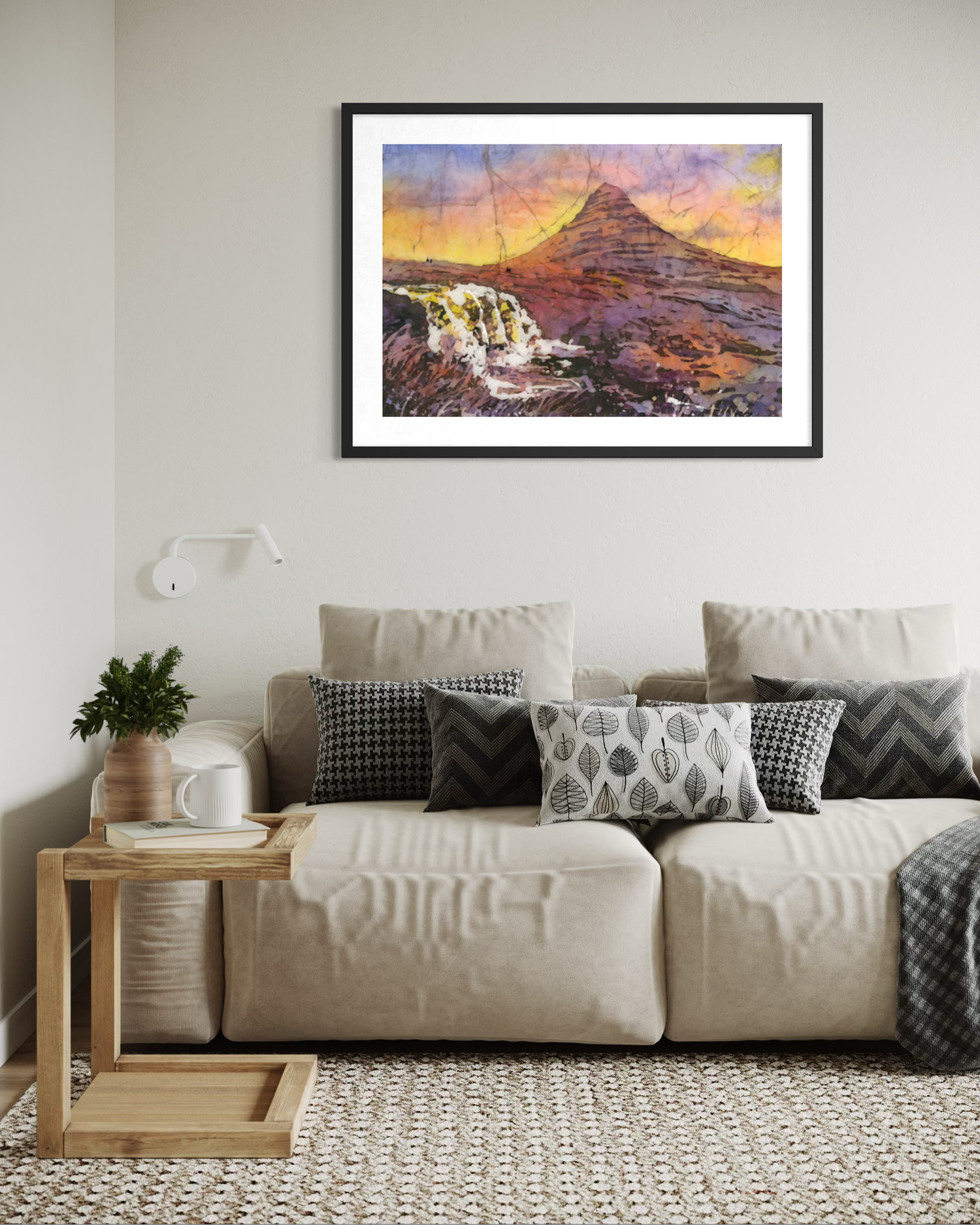 Kirkjufell Mountain waterfall Iceland watercolor batik landscape painting (original)