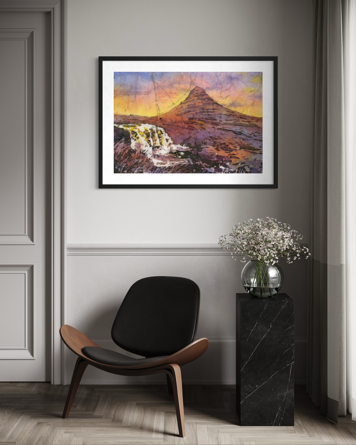 Kirkjufell Mountain waterfall Iceland watercolor batik landscape painting (original)
