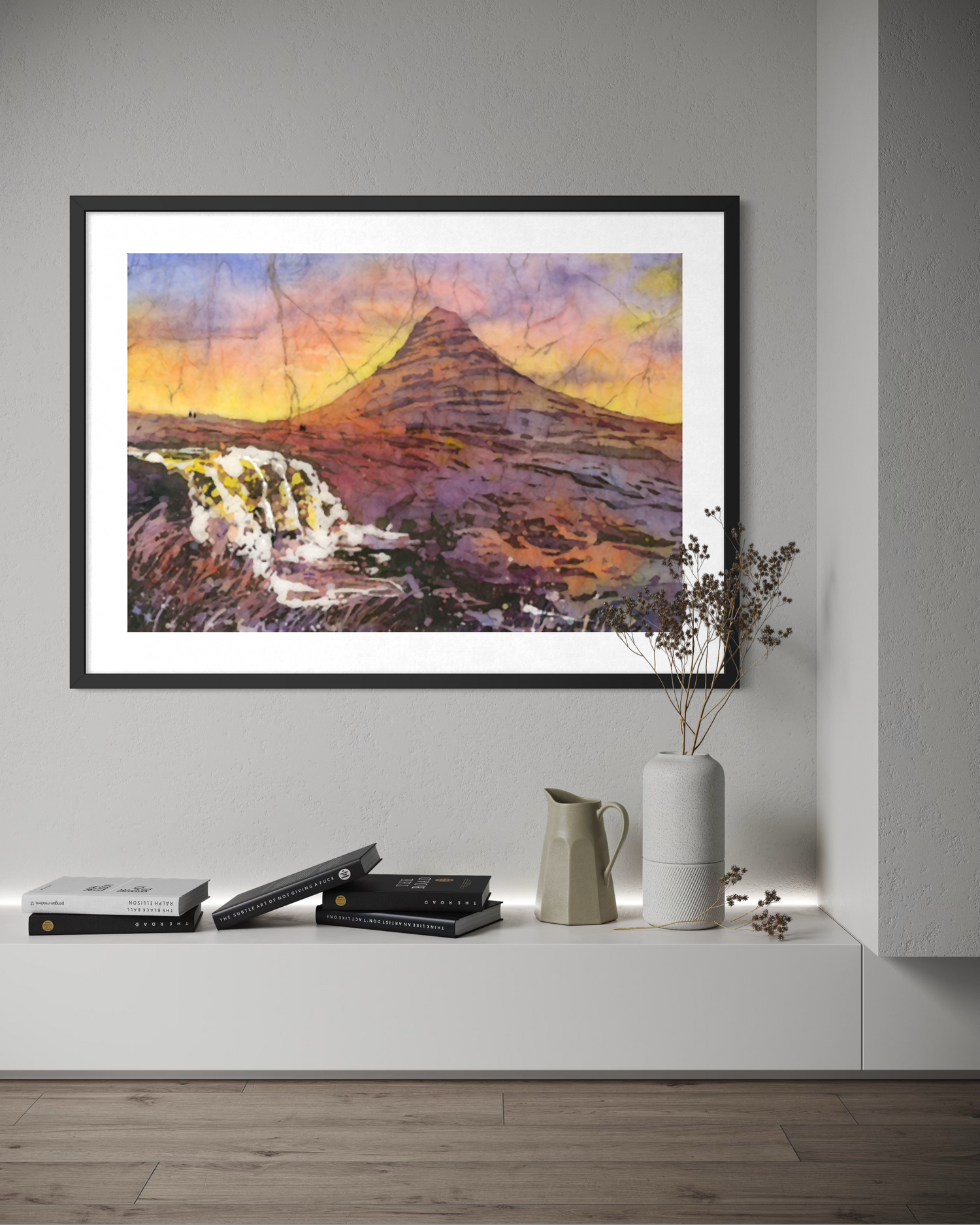 Kirkjufell Mountain waterfall Iceland watercolor batik landscape painting (original)