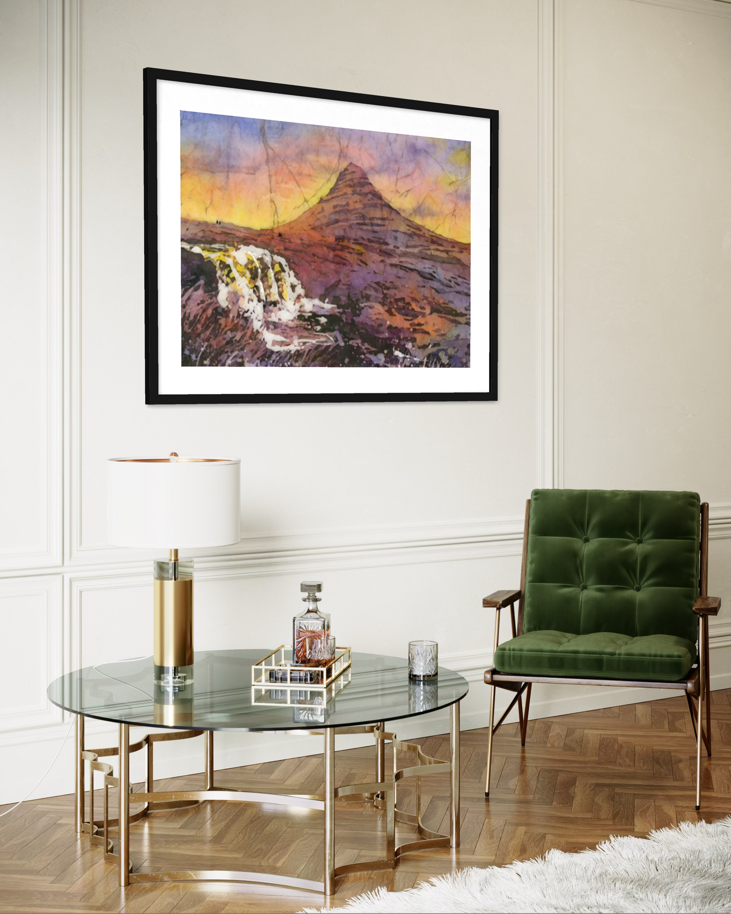 Kirkjufell Mountain waterfall Iceland watercolor batik landscape painting (original)