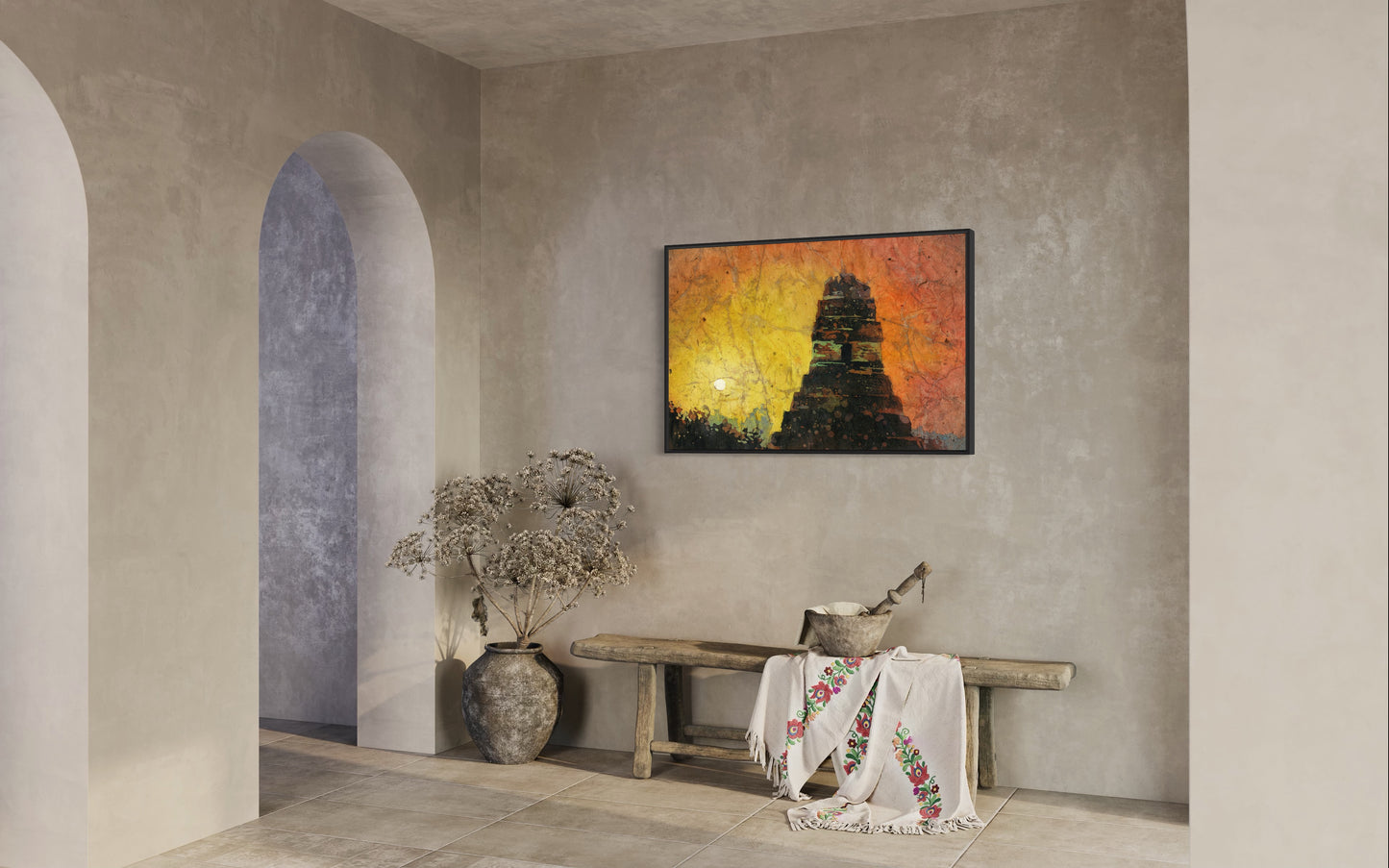 Mayan temple in the archaeological park of Tikal in Guatemala.  Sunrise Tikal fine art painting watercolor batik sunset Guatemala Tikal (print)