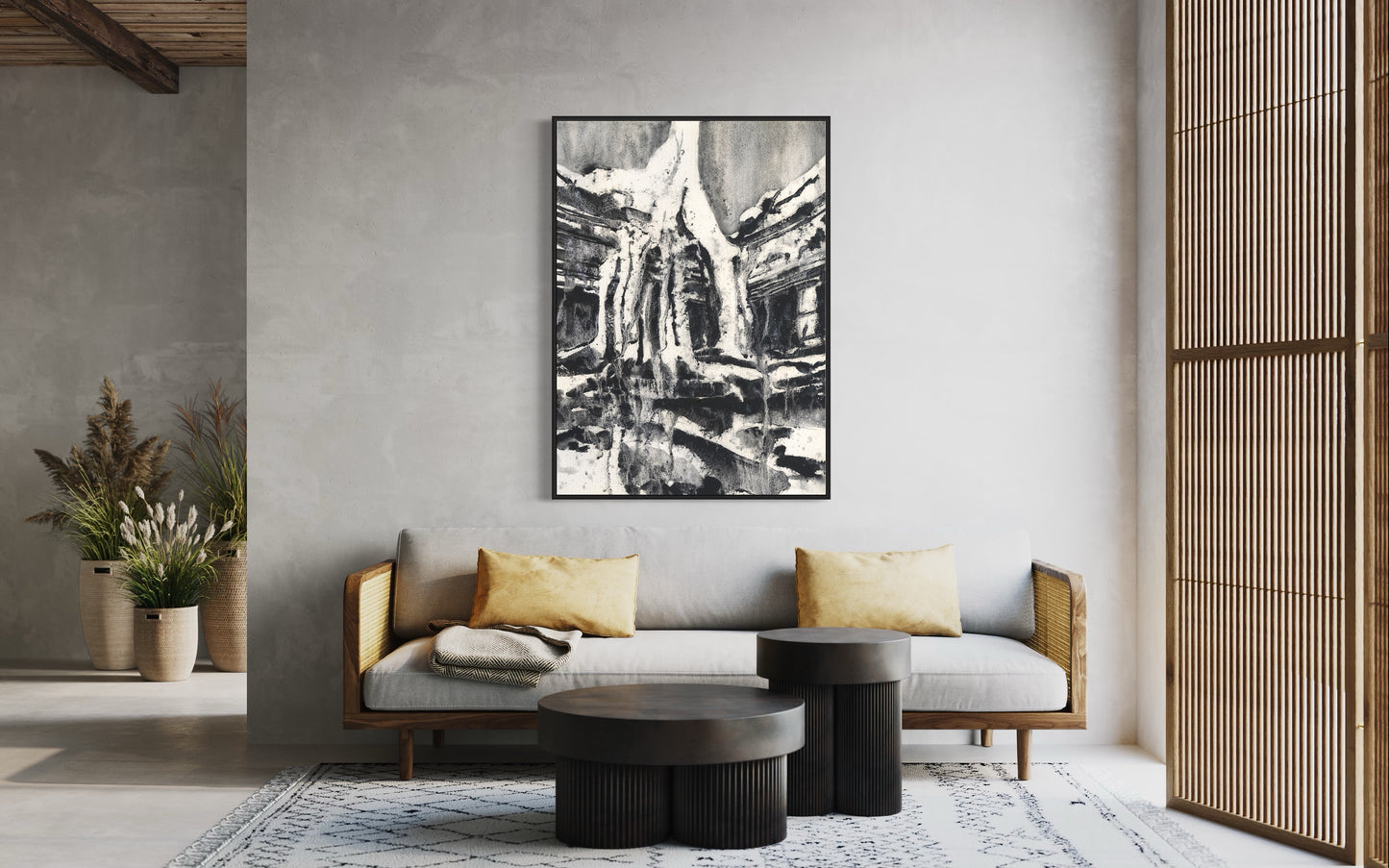 Angkor Wat ruins Ta Prohm- Cambodia.  Watercolor print Ta Prohm art landscape painting monochromatic wall art (print)