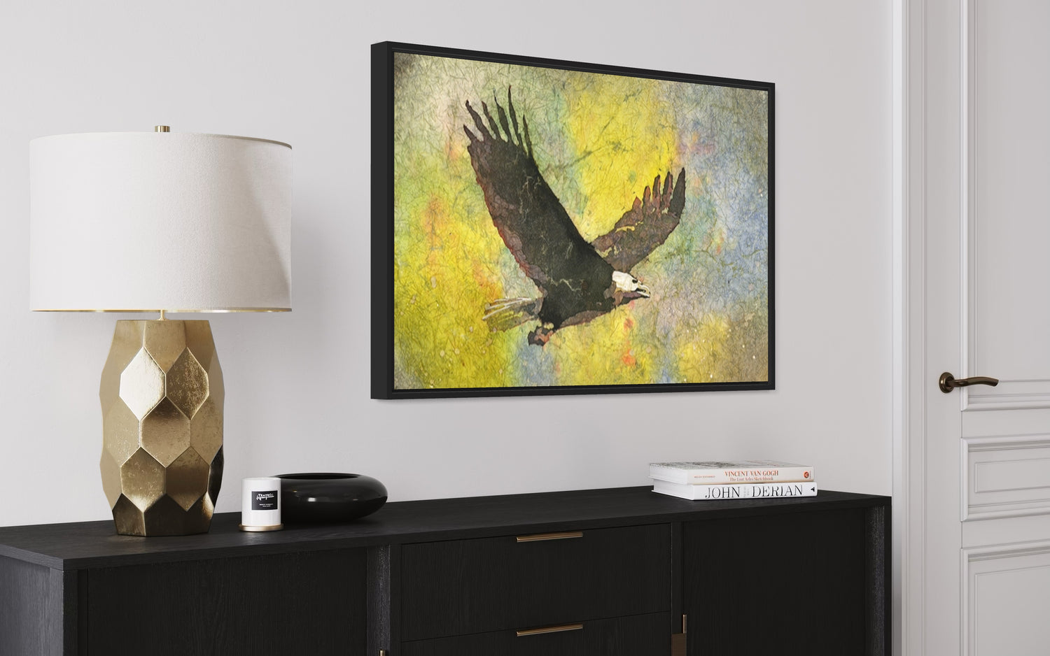 Hand-painted bald eagle in flight against a colorful sky, a stunning wildlife watercolor print ideal for nature-inspired home decor or a unique gift for bird lovers