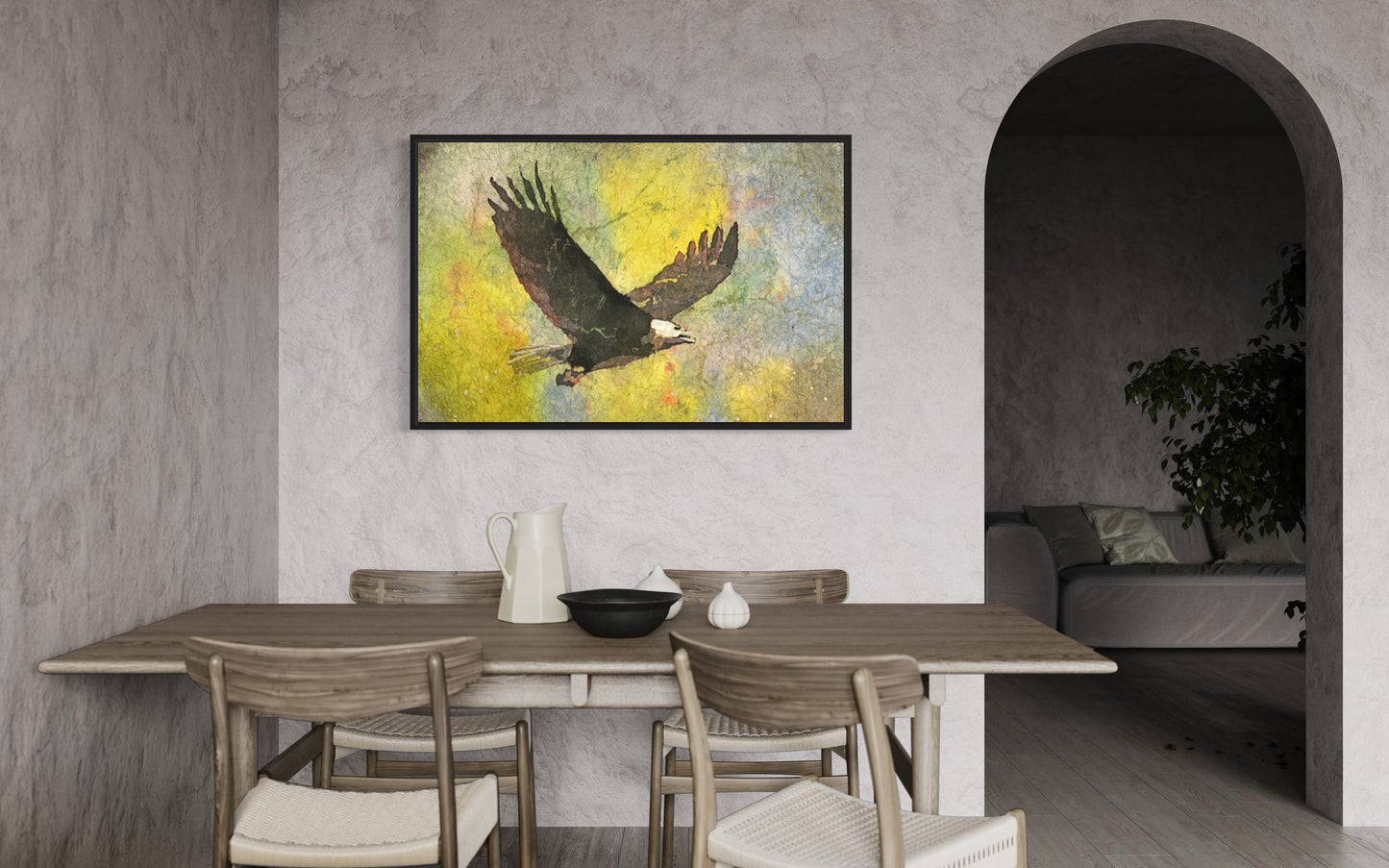 Colorful handmade watercolor illustration of a bald eagle perched on a branch—authentic bird artwork to enhance nature-themed home or office spaces.