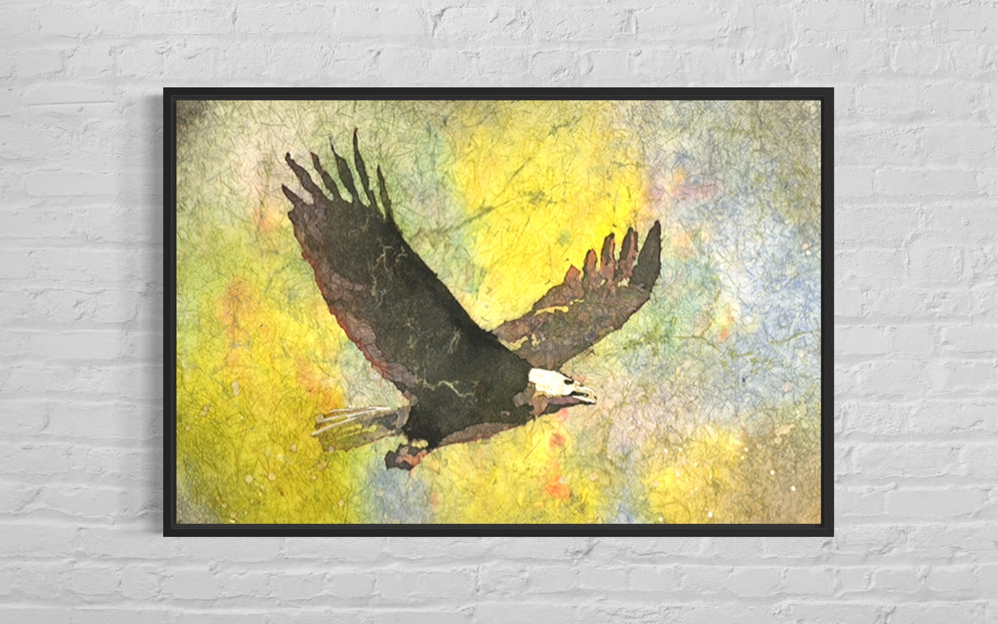 Color-splashed watercolor of a majestic bald eagle soaring over a natural landscape—real art from a real artist for nursery walls or rustic interior design