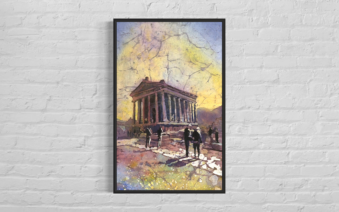 Vibrant batik-style watercolor of Garni Roman ruins in Armenia, with dynamic shadows and mountainous landscape—a striking travel essential gift for him or her who loves global architecture