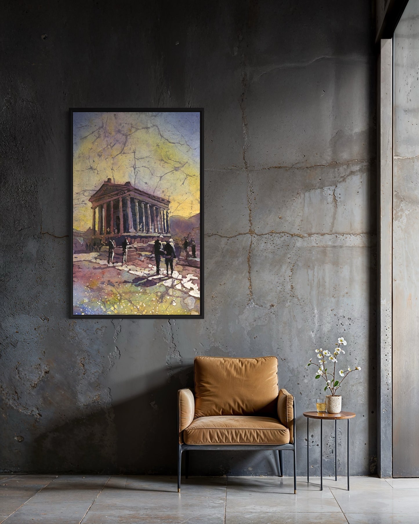 Hand-painted Armenian temple ruins in Garni captured in expressive watercolor brushstrokes—travel decor that celebrates cultural heritage, historic architecture, and natural beauty in one vibrant scene.