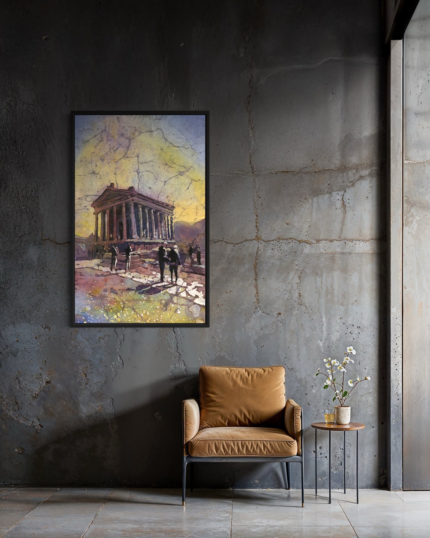 Hand-painted Armenian temple ruins in Garni captured in expressive watercolor brushstrokes—travel decor that celebrates cultural heritage, historic architecture, and natural beauty in one vibrant scene.