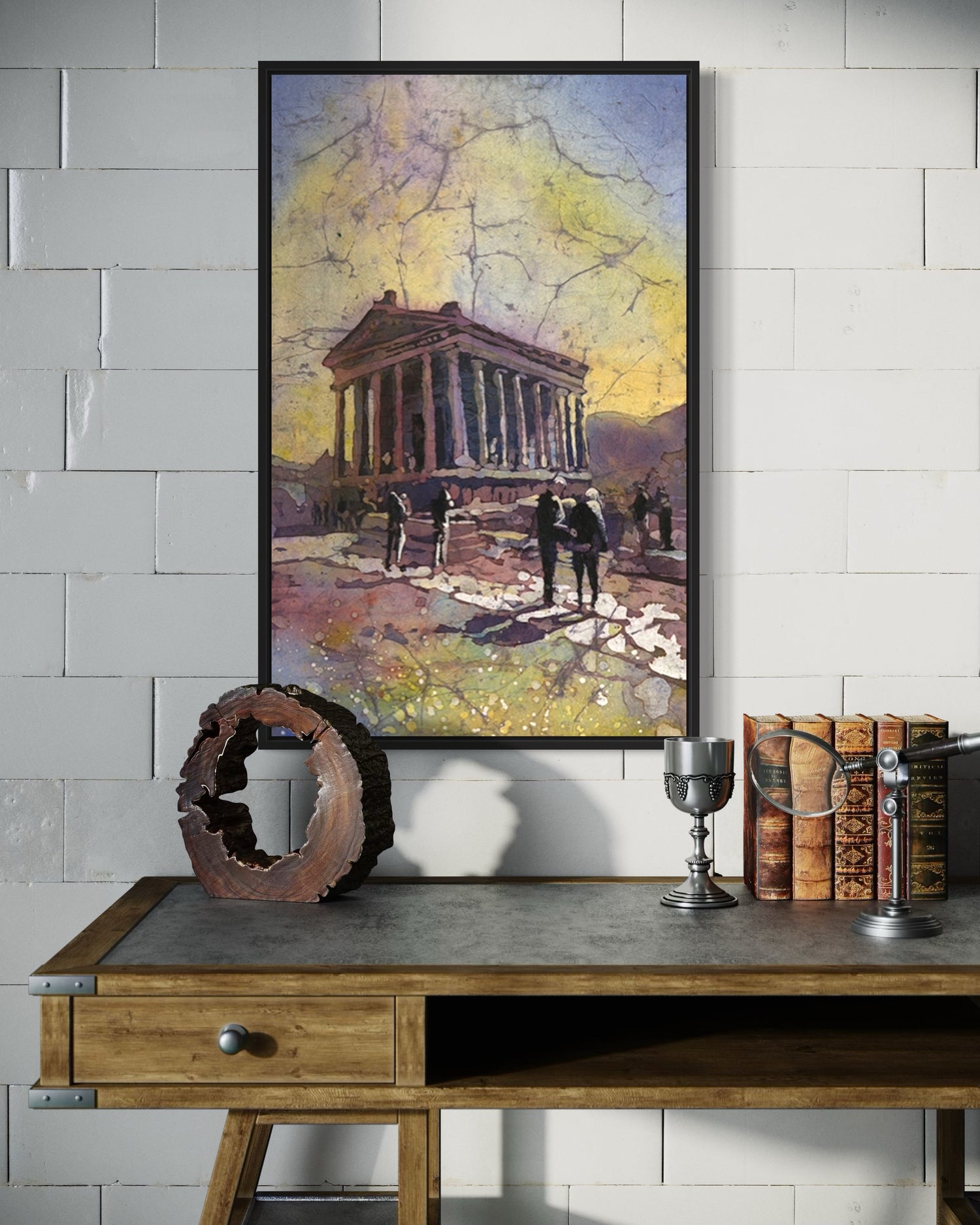 Colorful watercolor of the Temple of Garni in Armenia, framed by vivid skies and rugged cliffs, showcasing classical Roman architecture in a unique Eastern setting—ideal art for home or office decor.