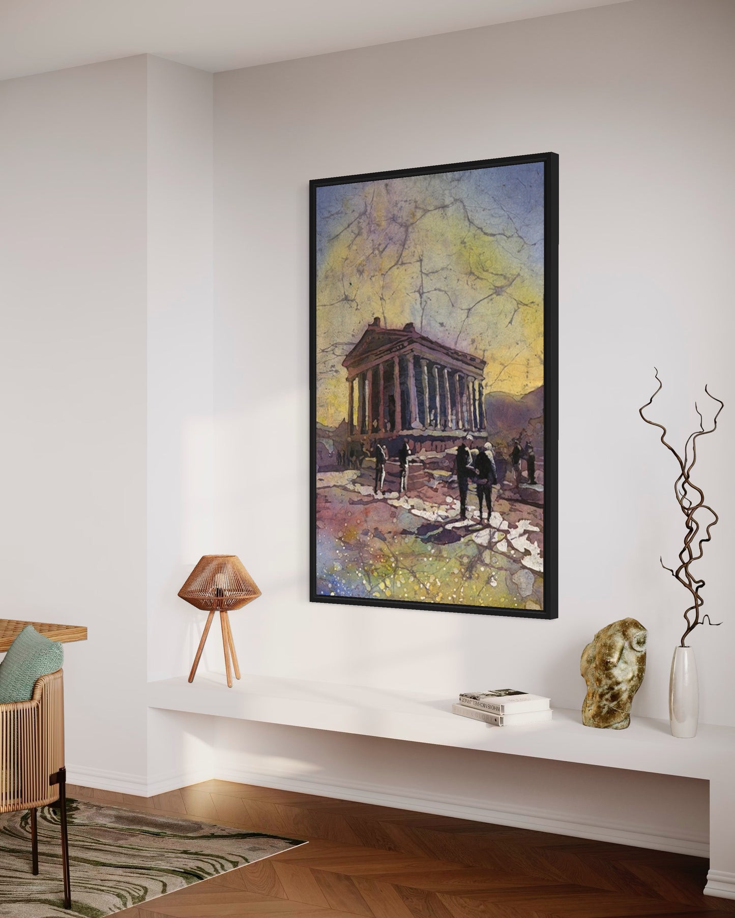 Expressive fine art watercolor painting of ancient Roman temple ruins at Garni, Armenia, blending earthy tones with dramatic skies—perfect handmade artwork for cultural wall decor or thoughtful gift.